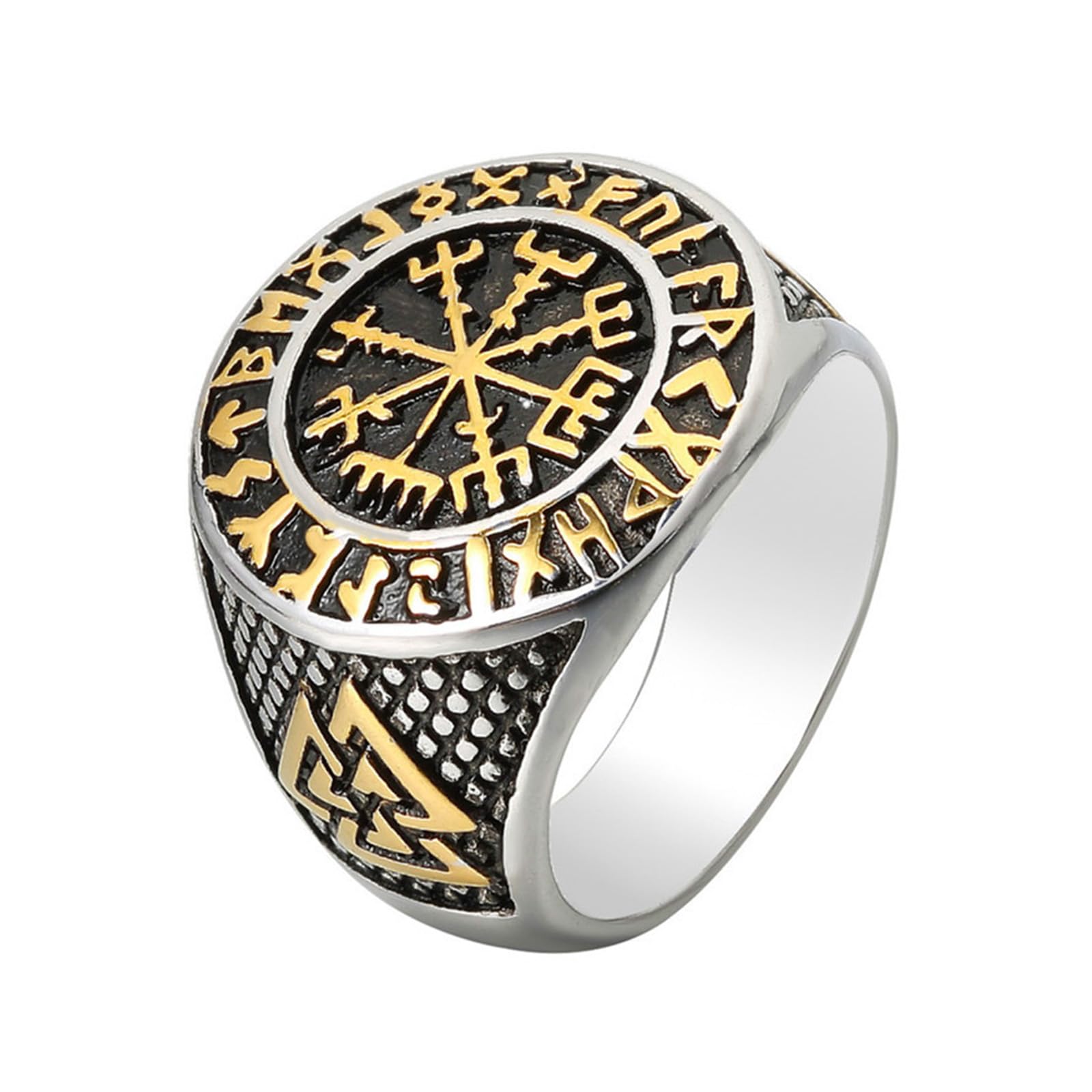 VHJdtE Rings, Norse Valknut Rune Amulet Vegvísir 8-Pointed Star Stainless Steel Navigates Storms(Two Tone,S)