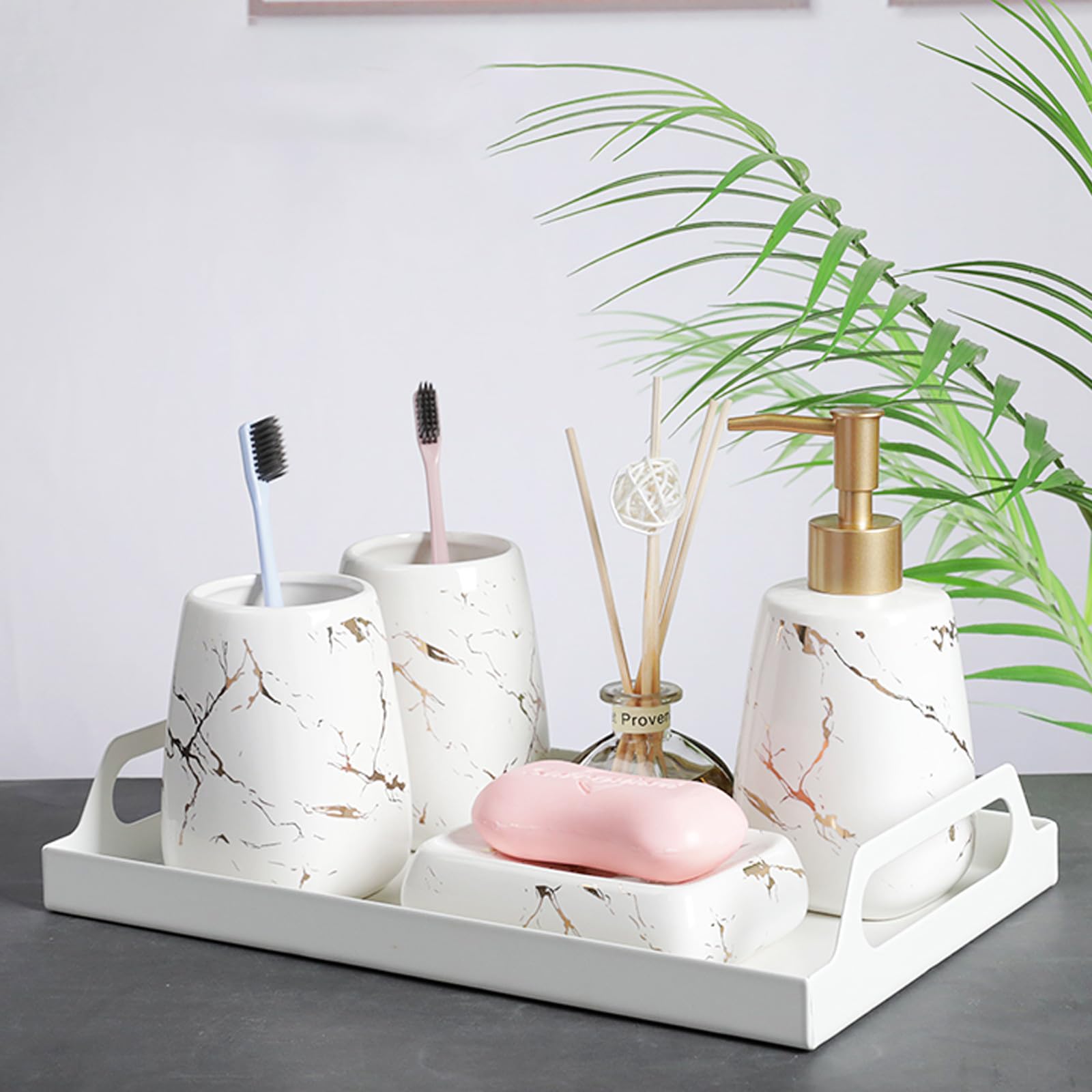 Set di 3 Accessori Bagno in Marmo Lucido Bianco, Contenitore Sapone, Portaspazzolino e Flacone Lozione, Compatto e Portatile per Organizzazione Lavabo e Igiene Quotidiana