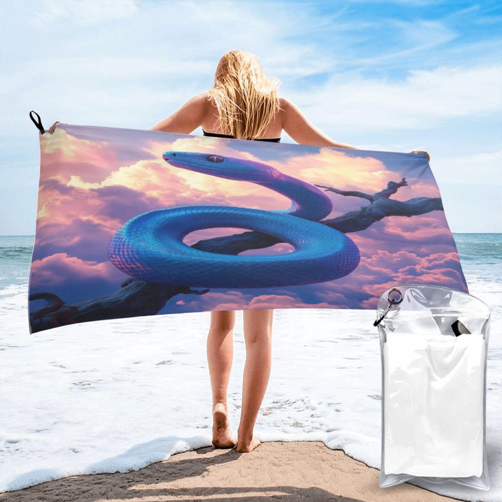 Anceky Digital Art Blue Snake Cloudscape Sunset Branch Quick Dry Microfiber Travel Towel with Carry Case and Carabiner 31.5"X63"