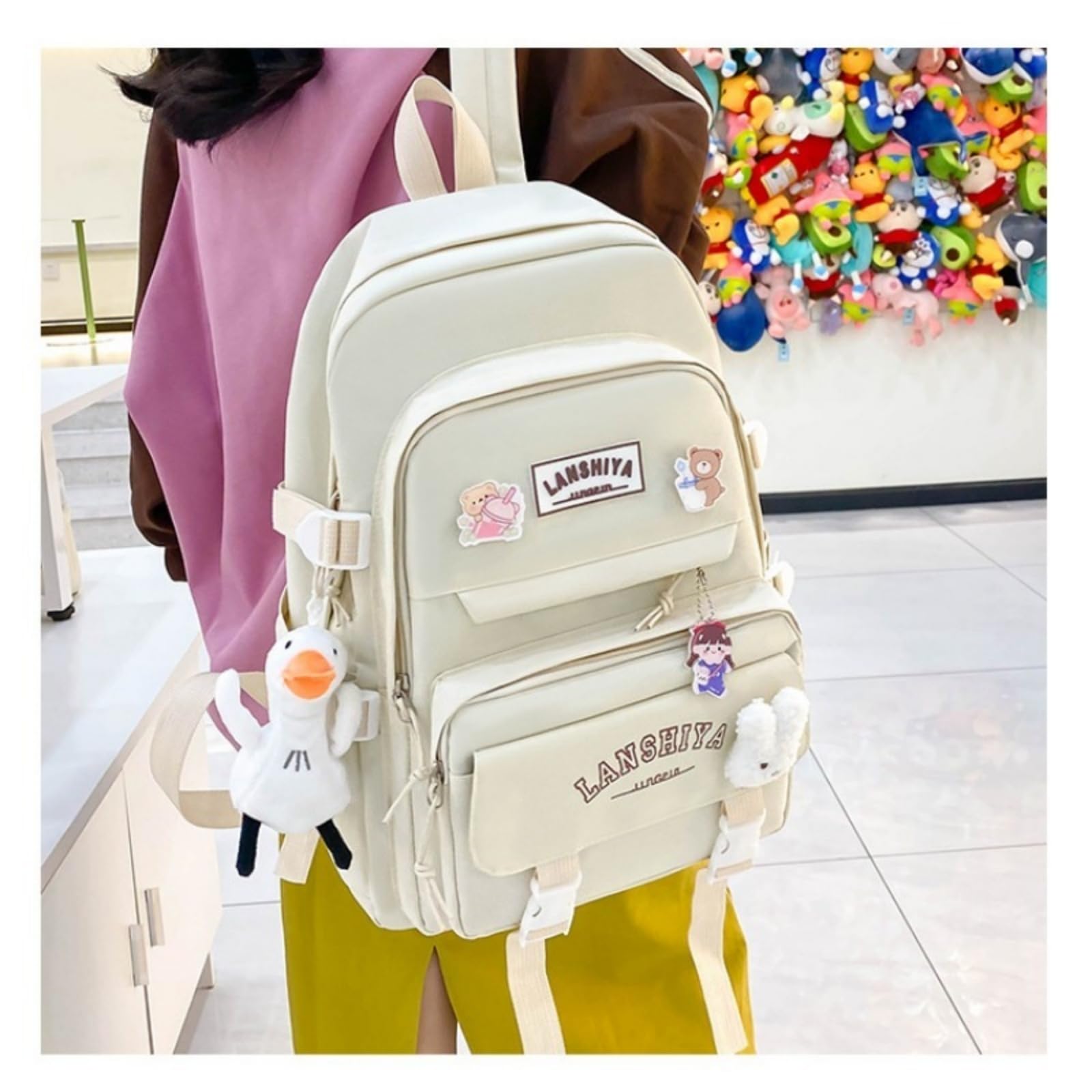Mochila escolar Set Di Zaino Per Studenti A 5 Pezzi Con Ciondoli Gratuiti, Kit Pratico Borse Scolastiche Ragazze Della Scuola Superiore Uso Giornaliero Del Campus-c-china Mainland