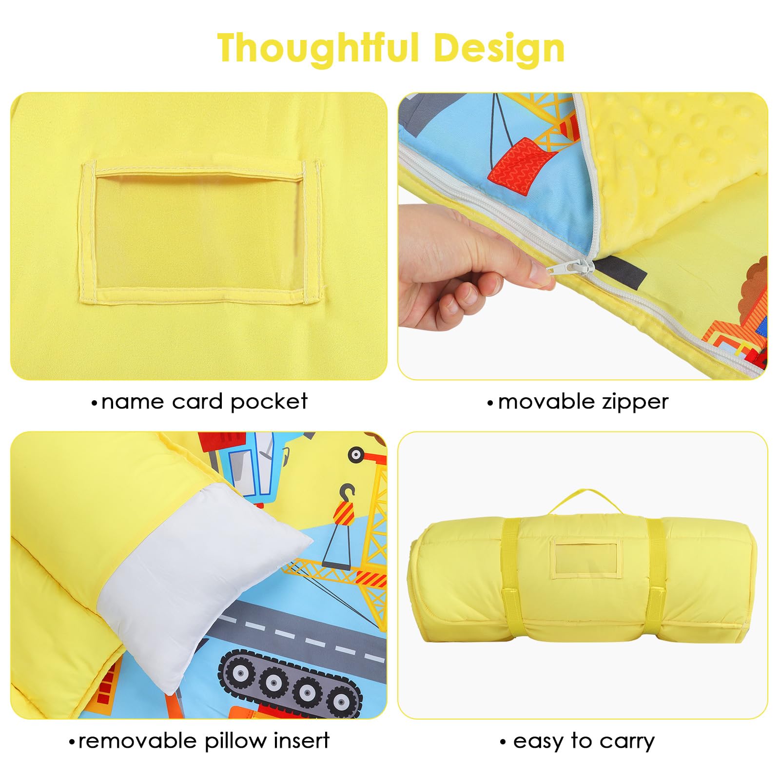 Tapis de Sieste pour Enfants avec Oreiller et Couverture Amovibles Sac de Couchage 2 en 1 Très Épais pour Garçons et Filles, Couverture de Sieste pour Crèche Voyage Camping (Véhicule de Construction)