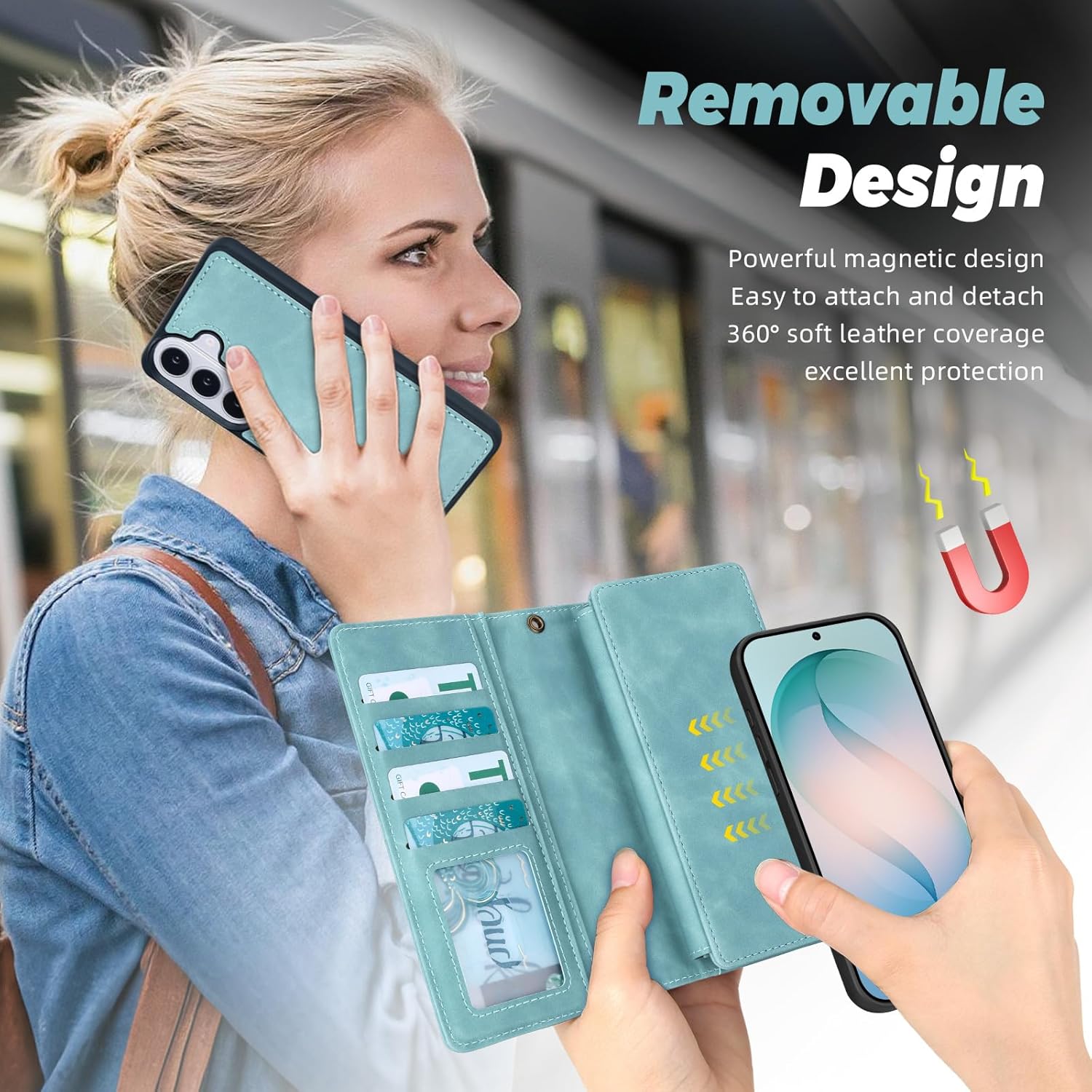 TwoHead for Samsung Galaxy S26 Plus Wallet Case with Card Holder, Detachable Magnetic Phone Case for S26 Plus,PU Leather All-Round Protective Phone Case Wallet with Wrist Strap(6.7 in,Blue)