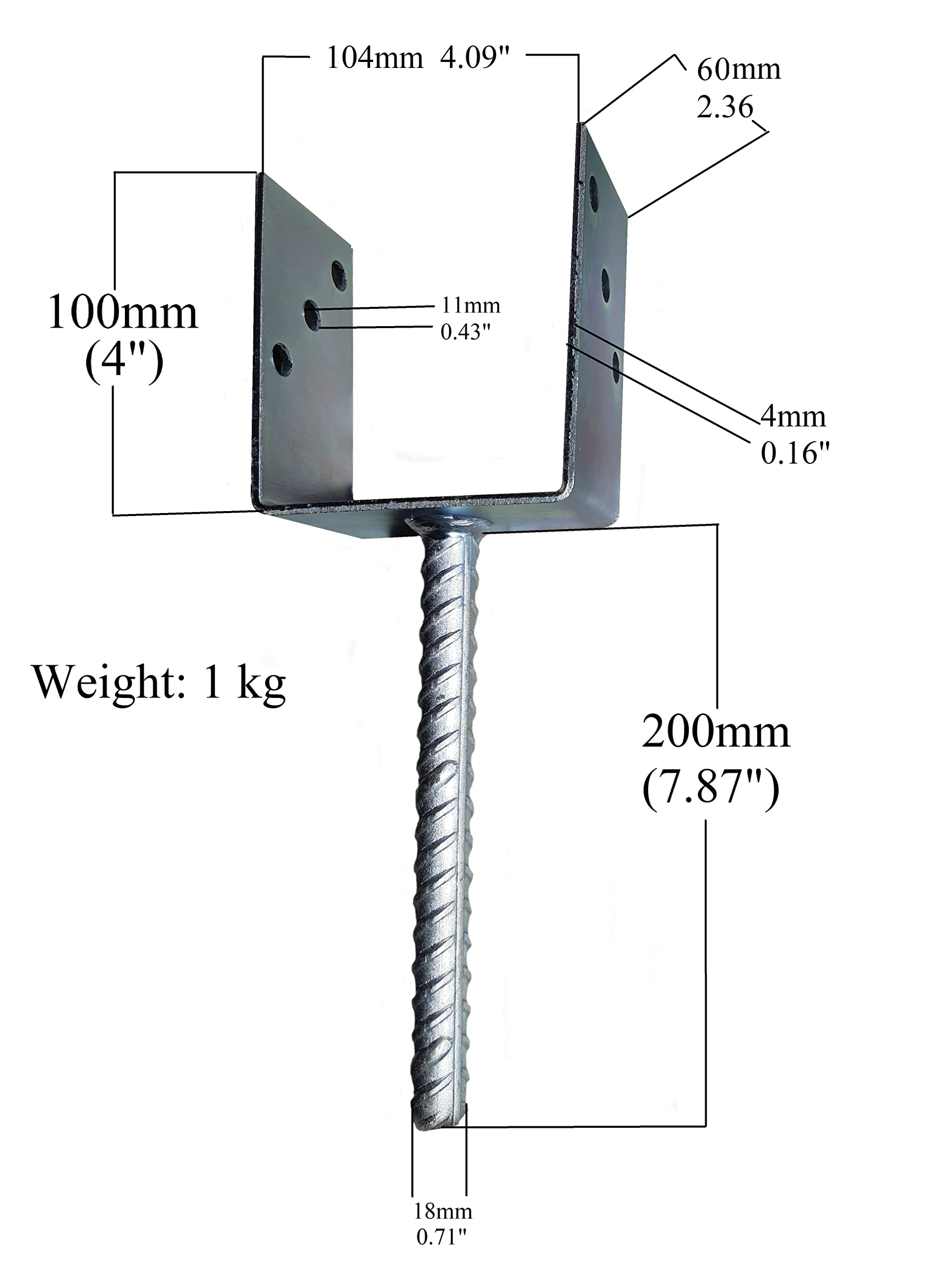 4 supporti a U per pergola, in calcestruzzo a forma di U, resistenti, in acciaio zincato, spessore 4 mm, 100 x 100 x 60 mm