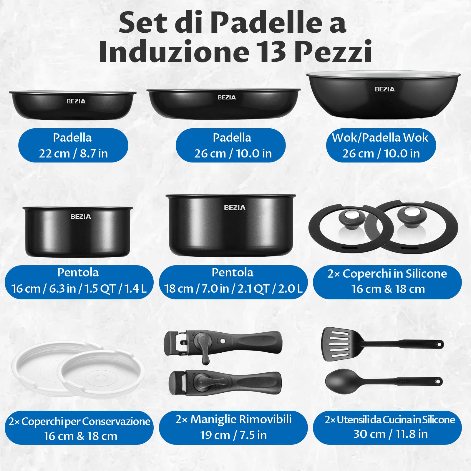 BEZIA Set Pentole Induzione 13 Pz, Batteria Pentole Ceramica Antiaderente | Padella Senza PTFE e PFOA, Manico Removibile, Adatto a tutti i tipi di piano cottura, Impilabile e Lavabile in Lavastoviglie