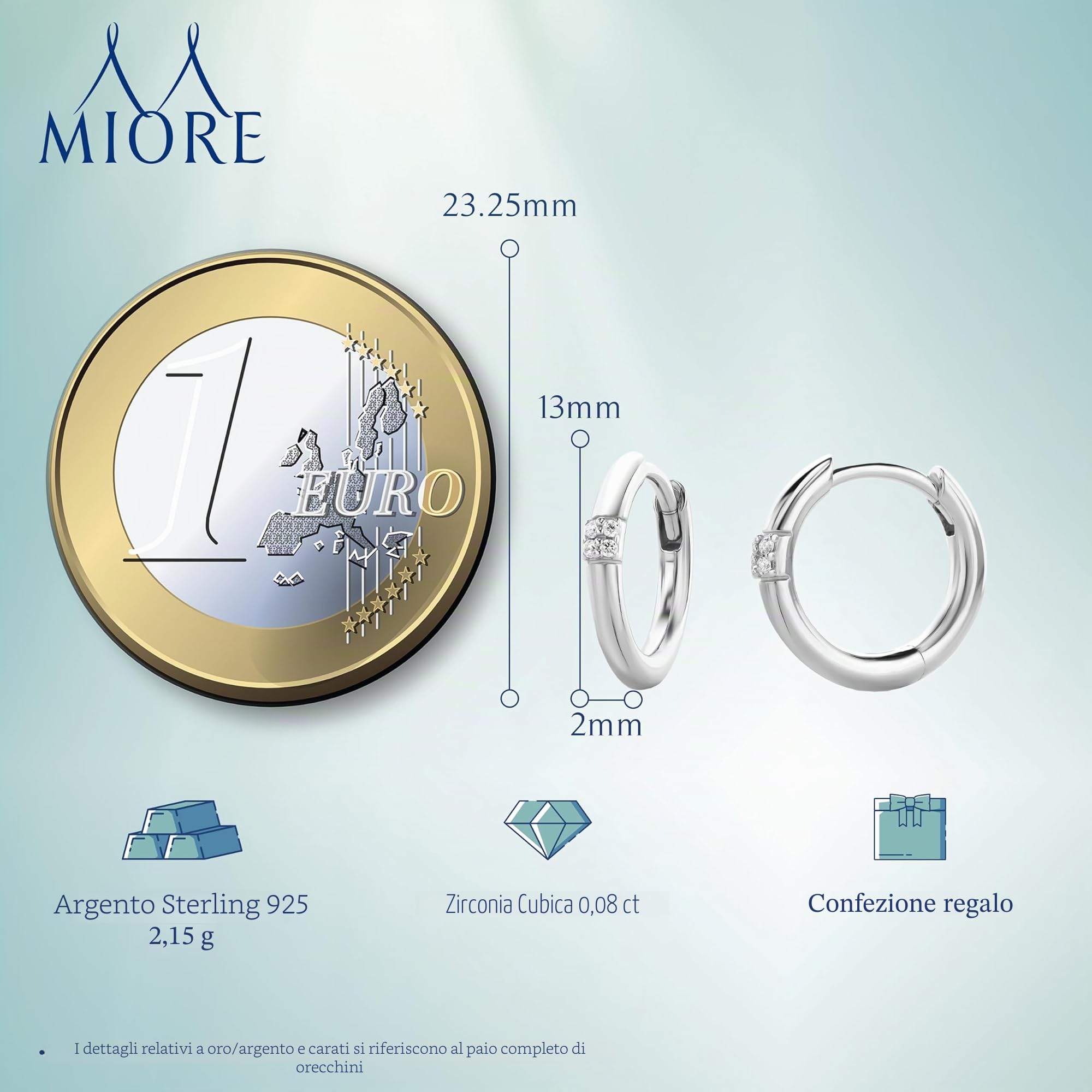 Miore Orecchini Donna Argento e Placcati Oro Giallo 18K, Orecchini cerchio in Argento 925 e Zirconi Brillanti. Orecchino Classico a Lobo anallergico.