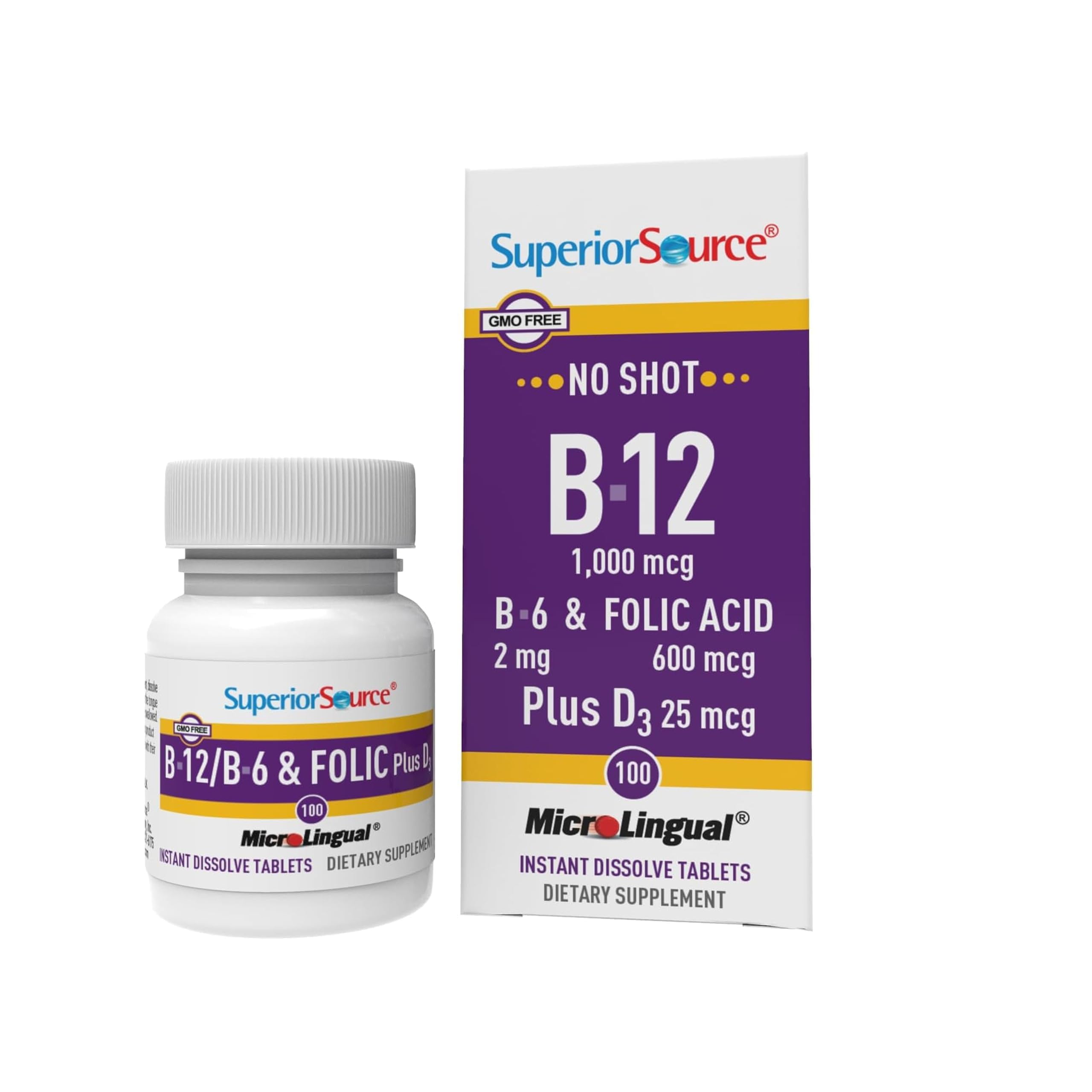 No Shot Vitamin B-12 Cyanocobalamin 1000 mcg, B-6, Folic Acid & Vitamin D-3 1000 IU - Supports Energy, Brain, Heart, & Bone Health - 100 Sublingual Dissolving Tablets