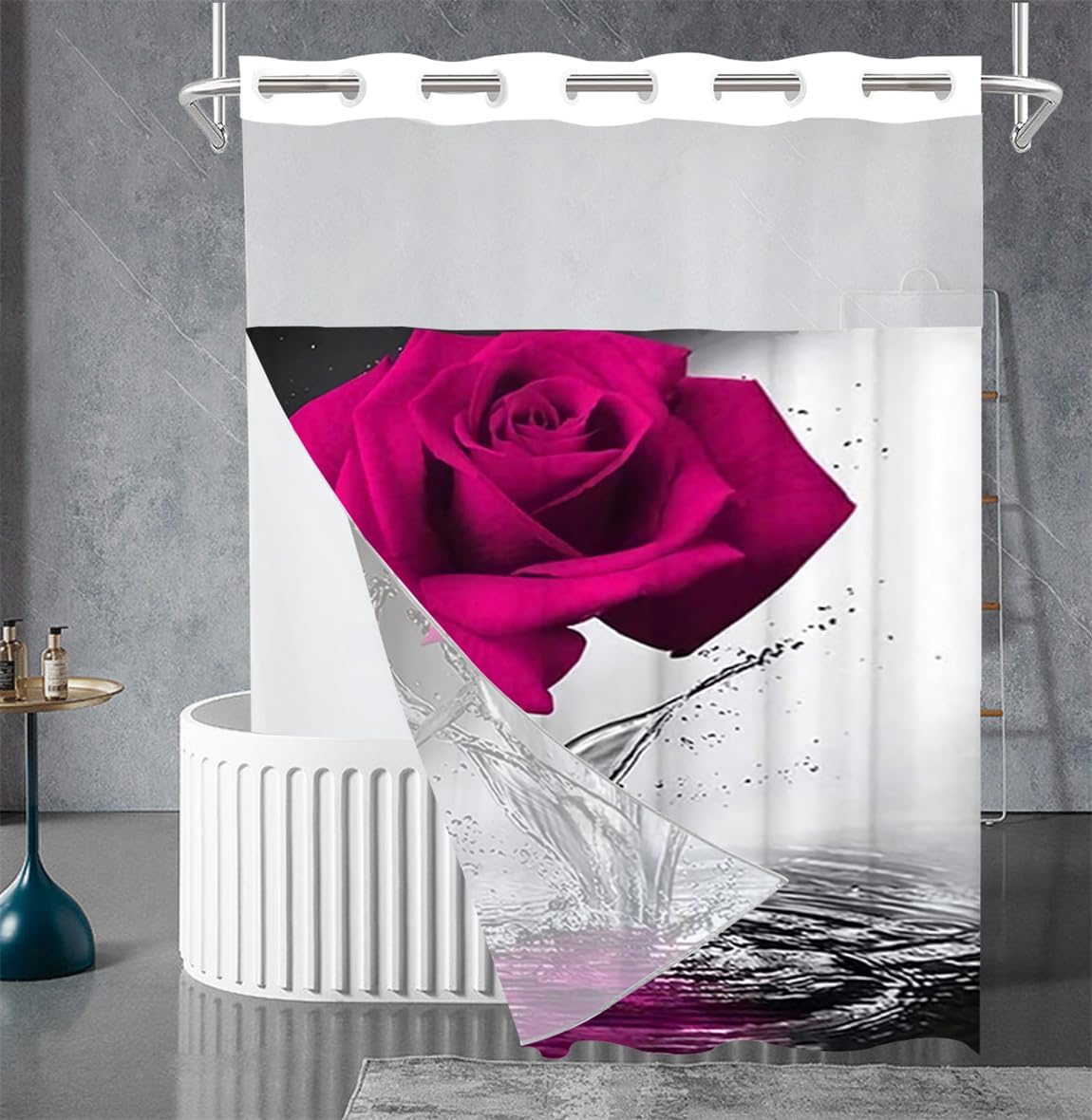 No Hooks Yellow Rose Shower Curtain with Snap in Liner Rose Flower Shower Curtain Double Layer Shower Curtains for Bathroom(71''*78'')