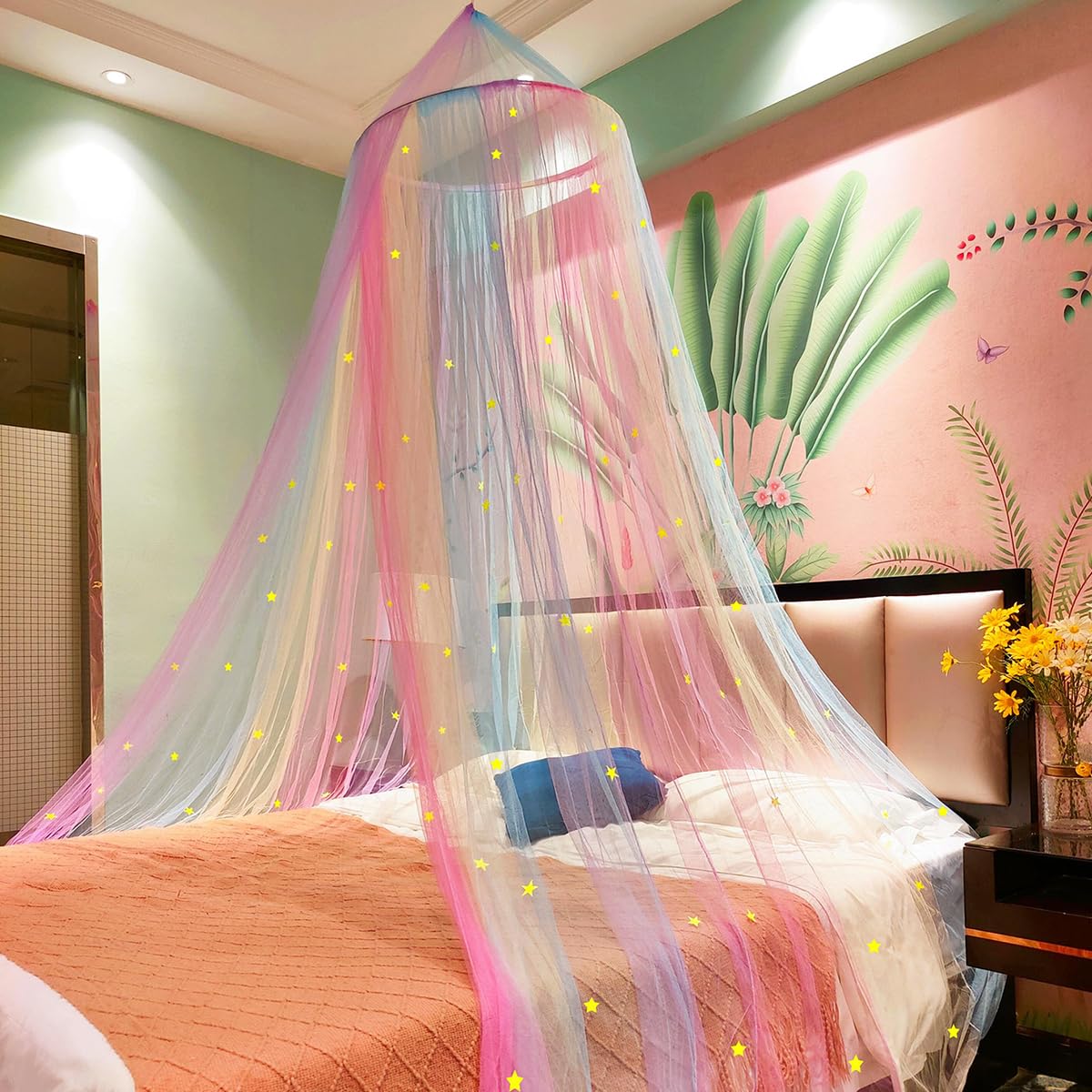 YOUOUYEN Princess Rainbow Bed Canopy with Stars Glow In The Dark, Eimilaly Bed Canopy for Girls Room Decor or Unicorn Theme Party,bed canopy for girls with lights (A)