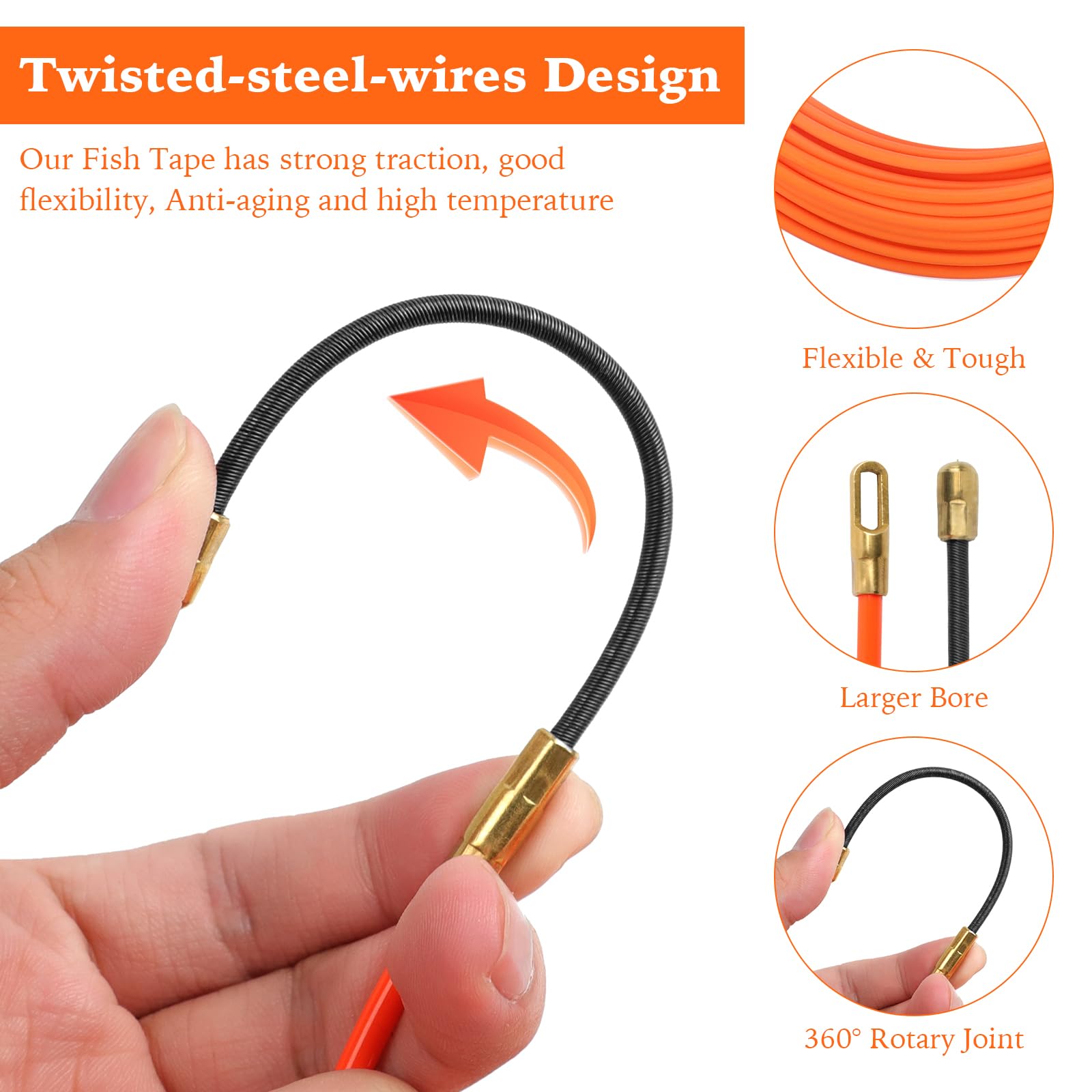 Kabeltrekker voor elektriciens, 20 m, 4 mm sonde, kabelgeleidingssonde met geleidingsveer, kabeltrekker voor elektrische kabels voor apparaten, threader-rodder-kabel (oranje