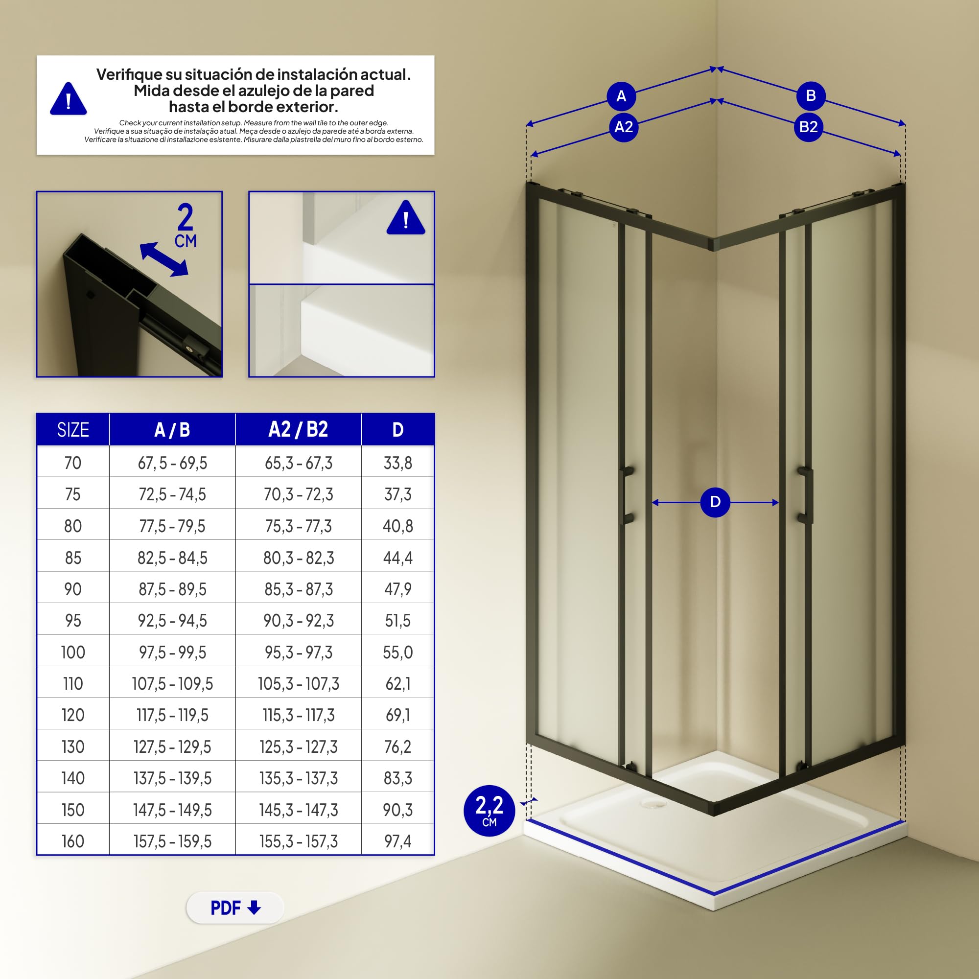 Mampara de Ducha Diana 80x100x180cm | REVERSIBLE | Puertas correderas, Ajuste 77,5-79,5 x 97,5-99,5cm | Perfiles Negros, cristal de seguridad ESG Satinado de 6mm