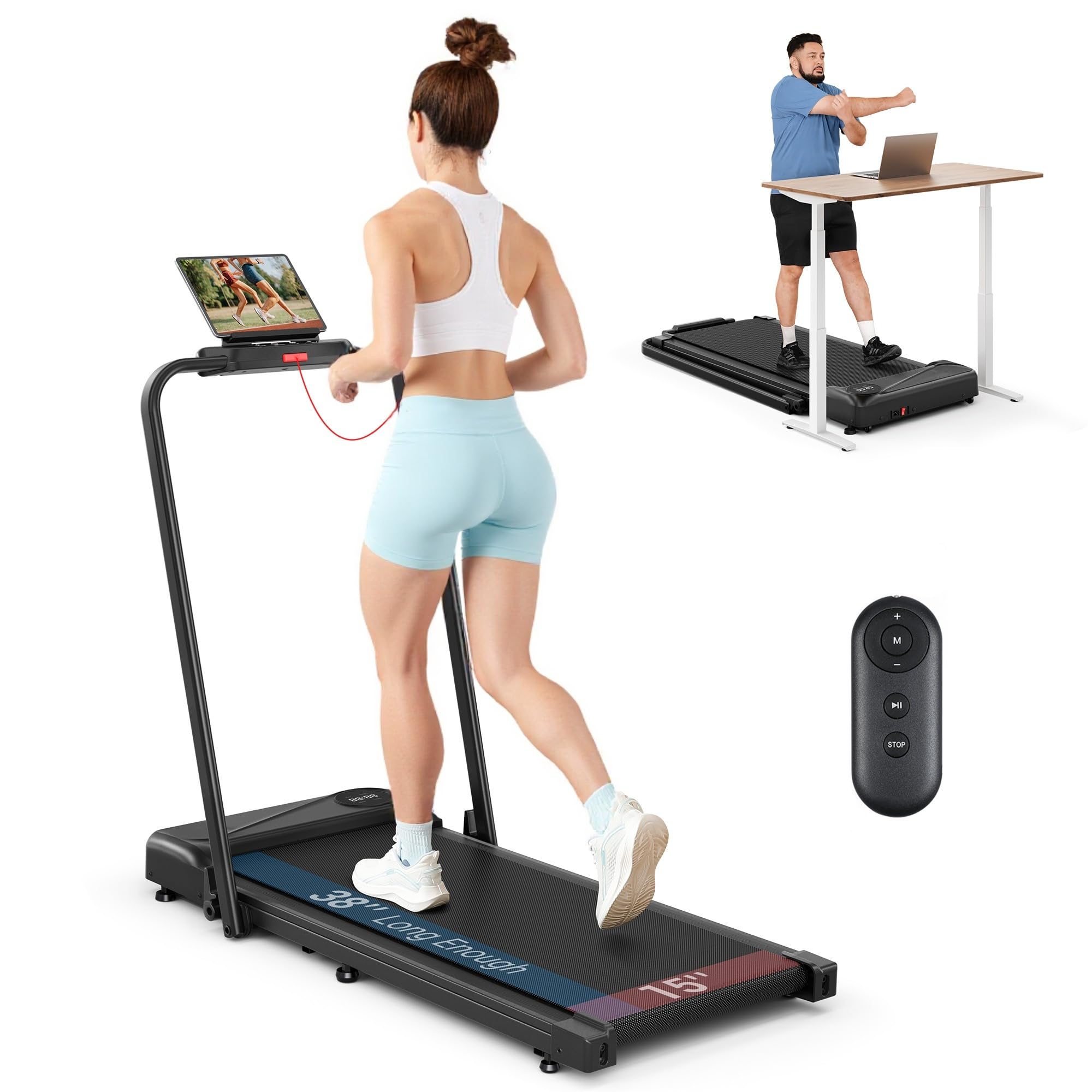 THERUN Schreibtisch Walking Pad mit Leise 2,75 PS-Motor, 2 in 1 Kleines Laufband mit Fernbedienung und LED-Panel für Zuhause und Büro