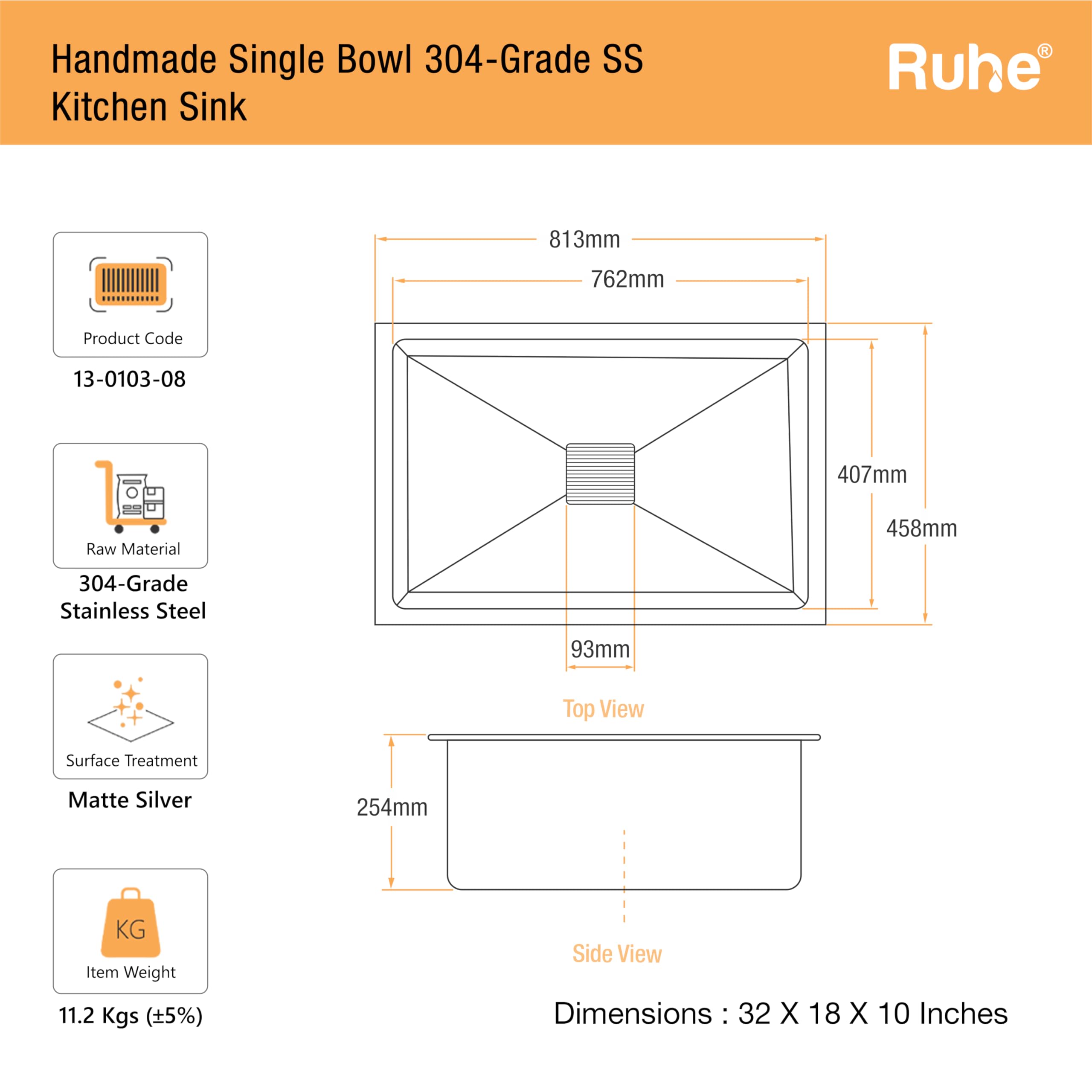 Ruhe Stainless Steel Kitchen Sink - 32" Handmade -2