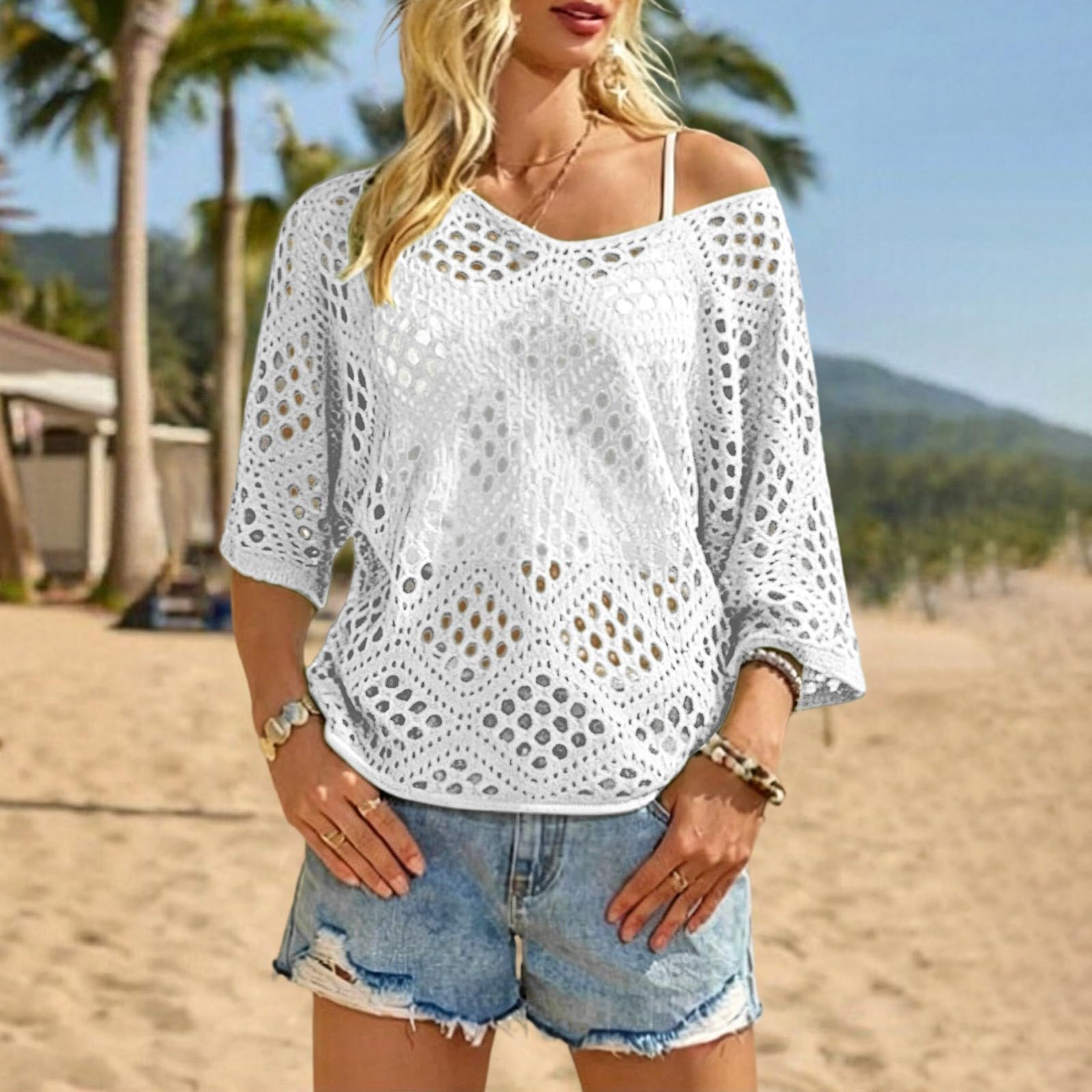 Top da donna con maniche a 3/4, scollo a V, lavorato a maglia, stile boho, vestibilità larga, da spiaggia, per vacanze estive, abbigliamento casual