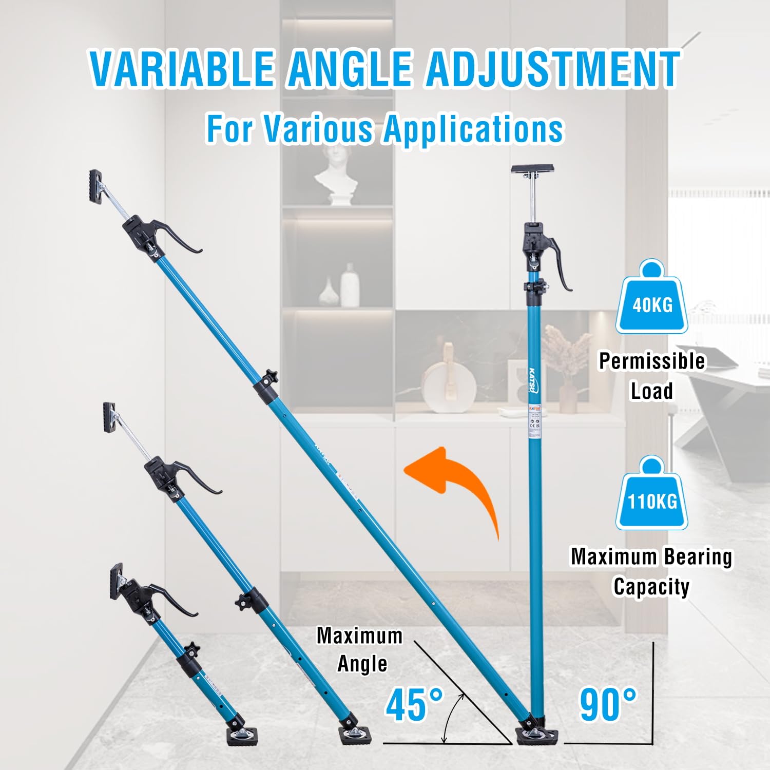 KATSU Tools - Soporte telescópico de techo (2 unidades, 125-290 cm, acero, ajuste rápido, capacidad de carga de 40 kg) para colocar, sujetar y fijar placas de yeso.