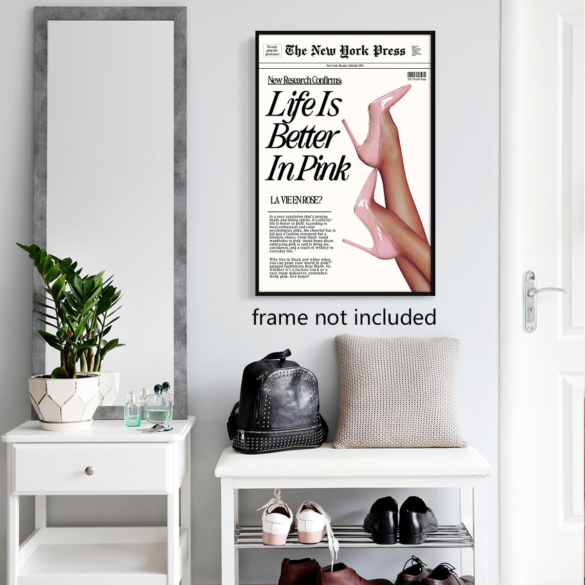 Life Is Better In Pink Newspaper Wall Art - Preppy 70s New York Press Poster, Trendy Girly Room Decor, 12x16in Unframed