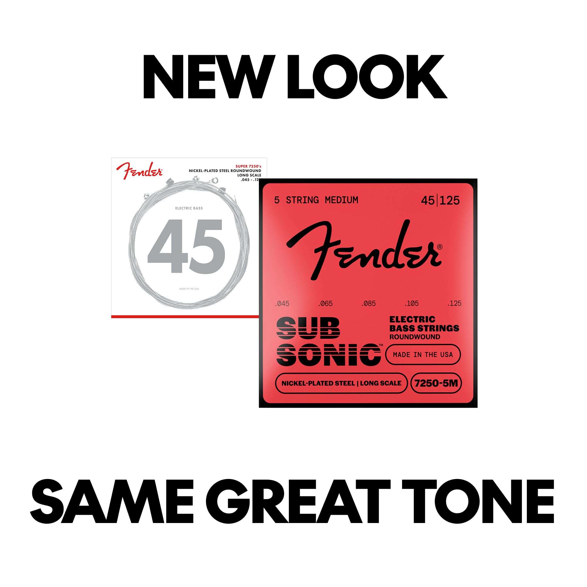 Fender 7250 Bass Strings, Nickel Plated Steel, Long Scale, 7250-5M .045-.125 Gauges, (5)