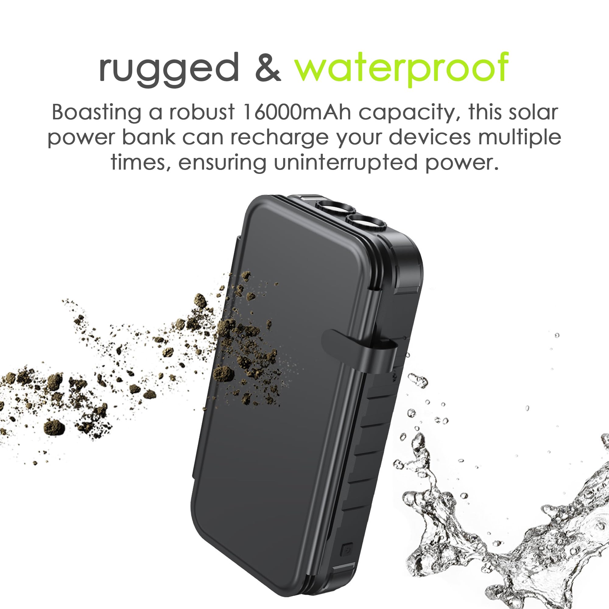 Boompods Neutron 16000mAh Faltbare Solar Powerbank - Tragbares Ladegerät mit Schnellladefunktion, Power Bank mit Solarpanel, 2X USB für Handy und Tablet, Camping-Taschenlampe, Schwarz