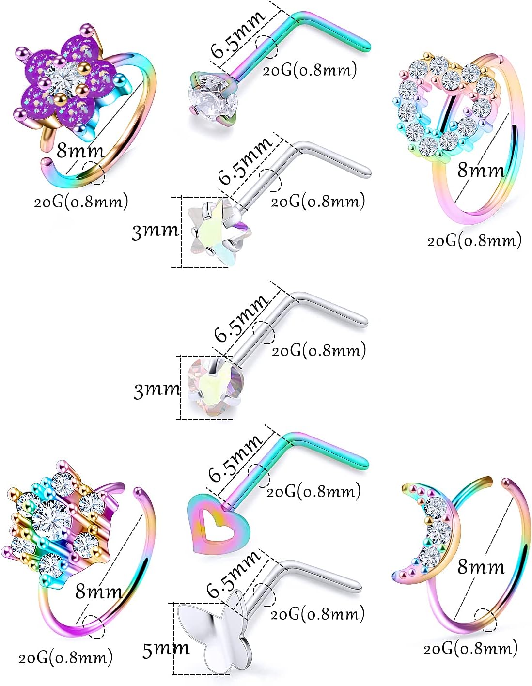 20g Nose Rings Hoops Studs Piercings Jewelry for Women Men Silver Rose Gold Rainbow Surgical Steel l Shaped Bar Hypoallergenic Butterfly Nostril - Image 3