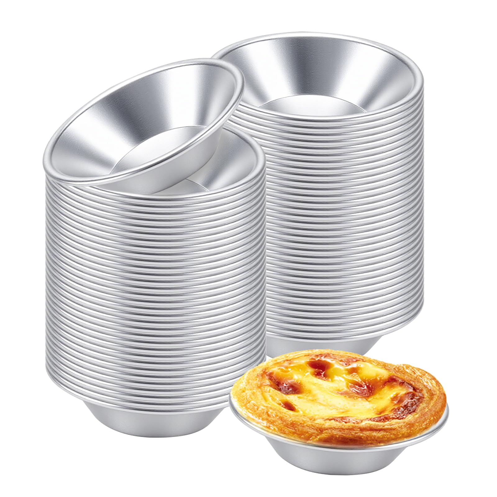 JEUIHAU 50 PCS Aluminum Egg Tart Molds, Non-Stick Mini Pie Pans Quiche Pie Tins, Reusable Pudding Moulds for Baking Tart Cupcake Muffin