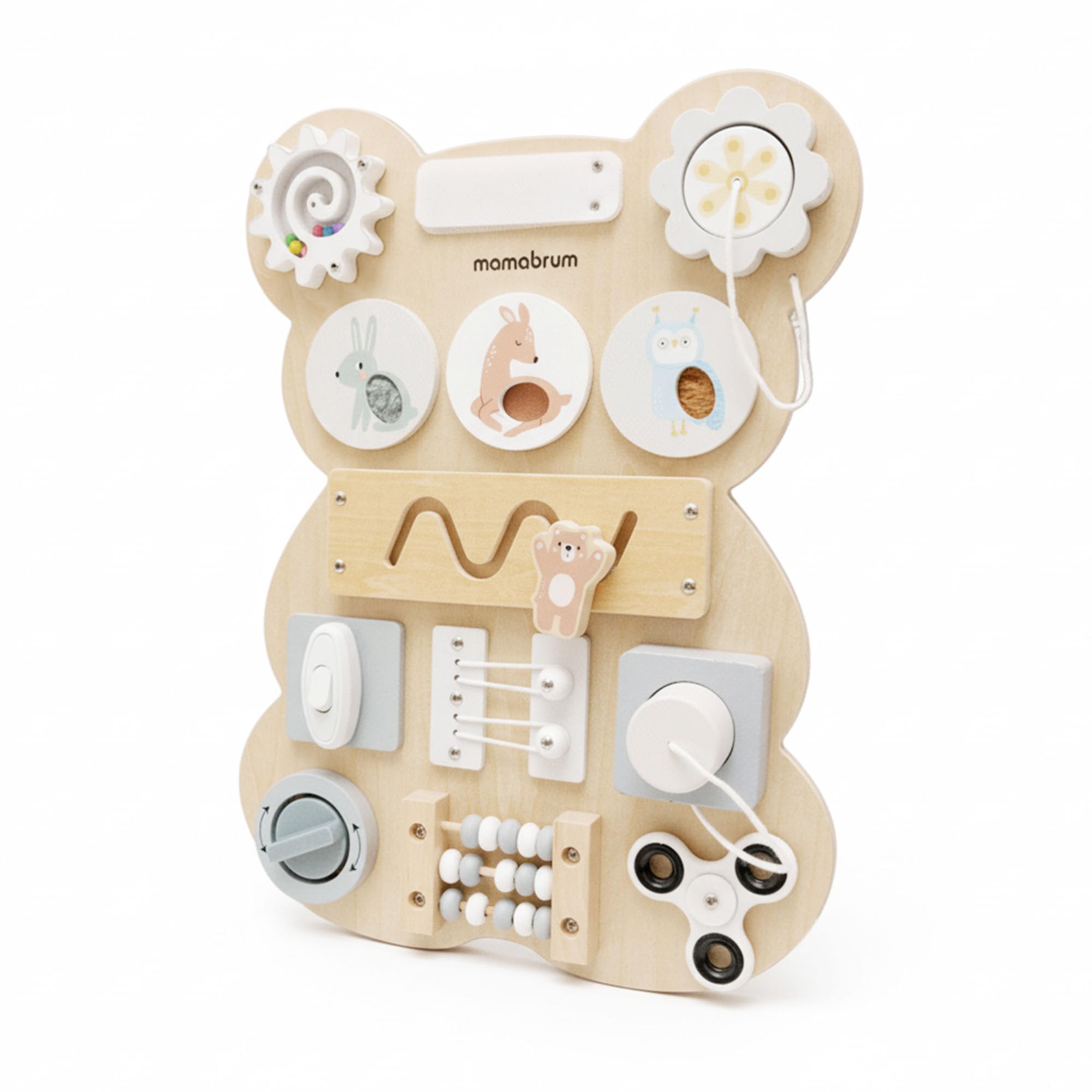 mamabrum Tabla Sensorial Montessori Oso – Juego Educativo Manipulación & Motricidad, Laberinto, Velcro, Enchufe & Botón Clic, Madera Sólida, Desarrollo Coordinación Bebés Niños