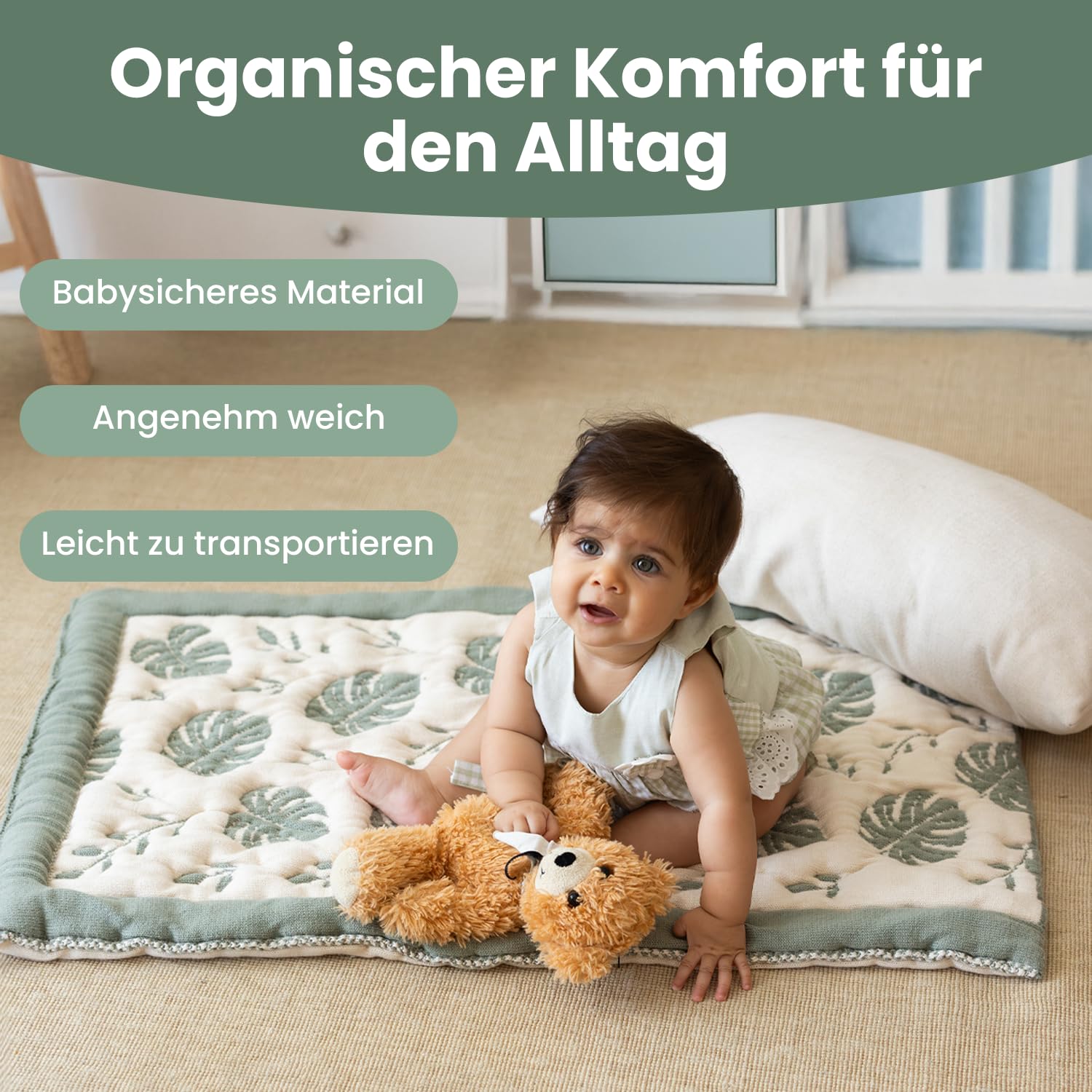 Monstera Wickelmatte 50 x 85 cm - OCS zertifizierte Bio-Baumwolle, gequiltete Wickelunterlage im Dschungel-Look (Grün/Beige) - Nahtlos, Wendbar, Reise-Wickelmatte | OCS zertifizierte Bio-Baumwolle, Gequiltet, Dschungel-Look, Nahtlos, Wendbar, Reise-Wickel