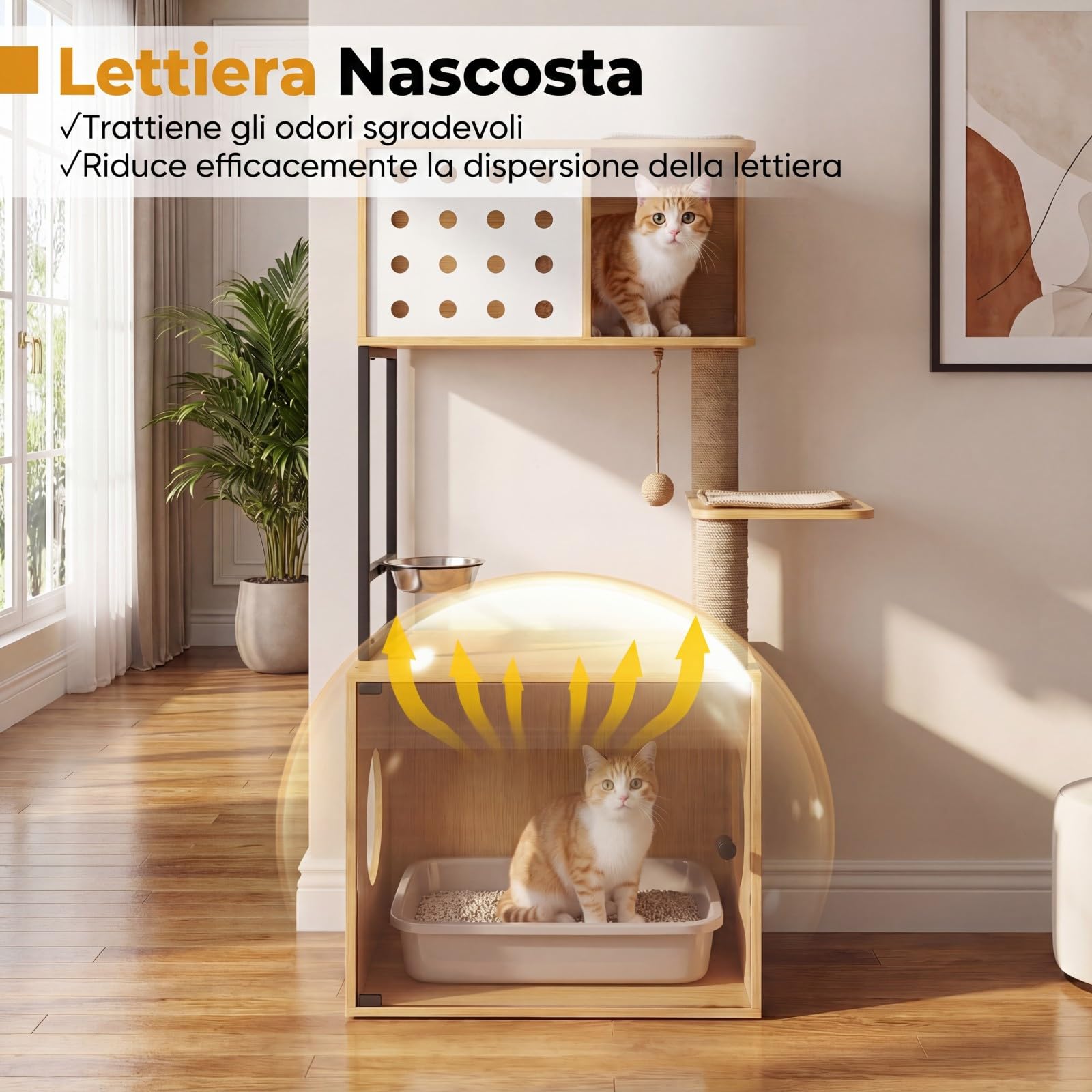 COSTWAY Mobile Lettiera Gatti Multilivello, Albero Tiragraffi per Toilette Nascosta in Legno, con Ciotola, Cuccia, Piattaforme di Attività, Tiragraffi e Giocattoli, 73 x 43 x 117,5 cm (Naturale)