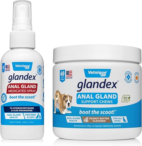Vetnique Labs Glandex - Aerosol medicado para glándula anal para perros y gatos (4 onzas) y Glandex para masticar para soporte de glándula anal,