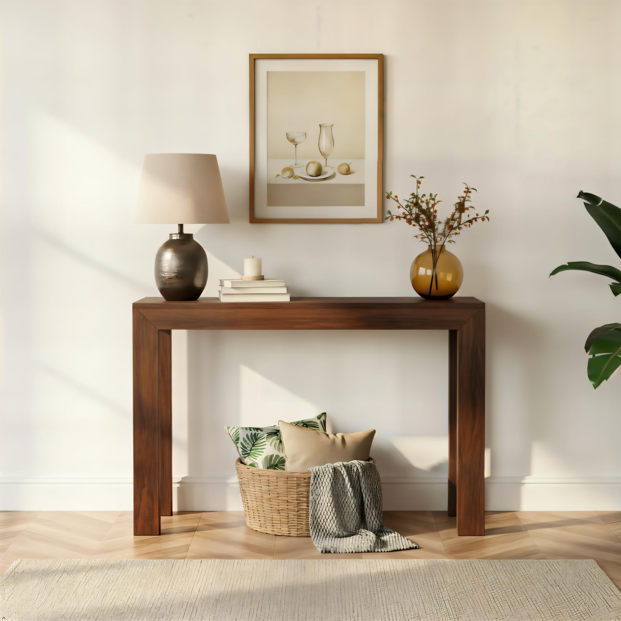 Plank+Beam Modern 46 Inch Console Table, Solid Pine Wood Entryway Table, Narrow Sofa Table for Hallway or Living Room, Walnut