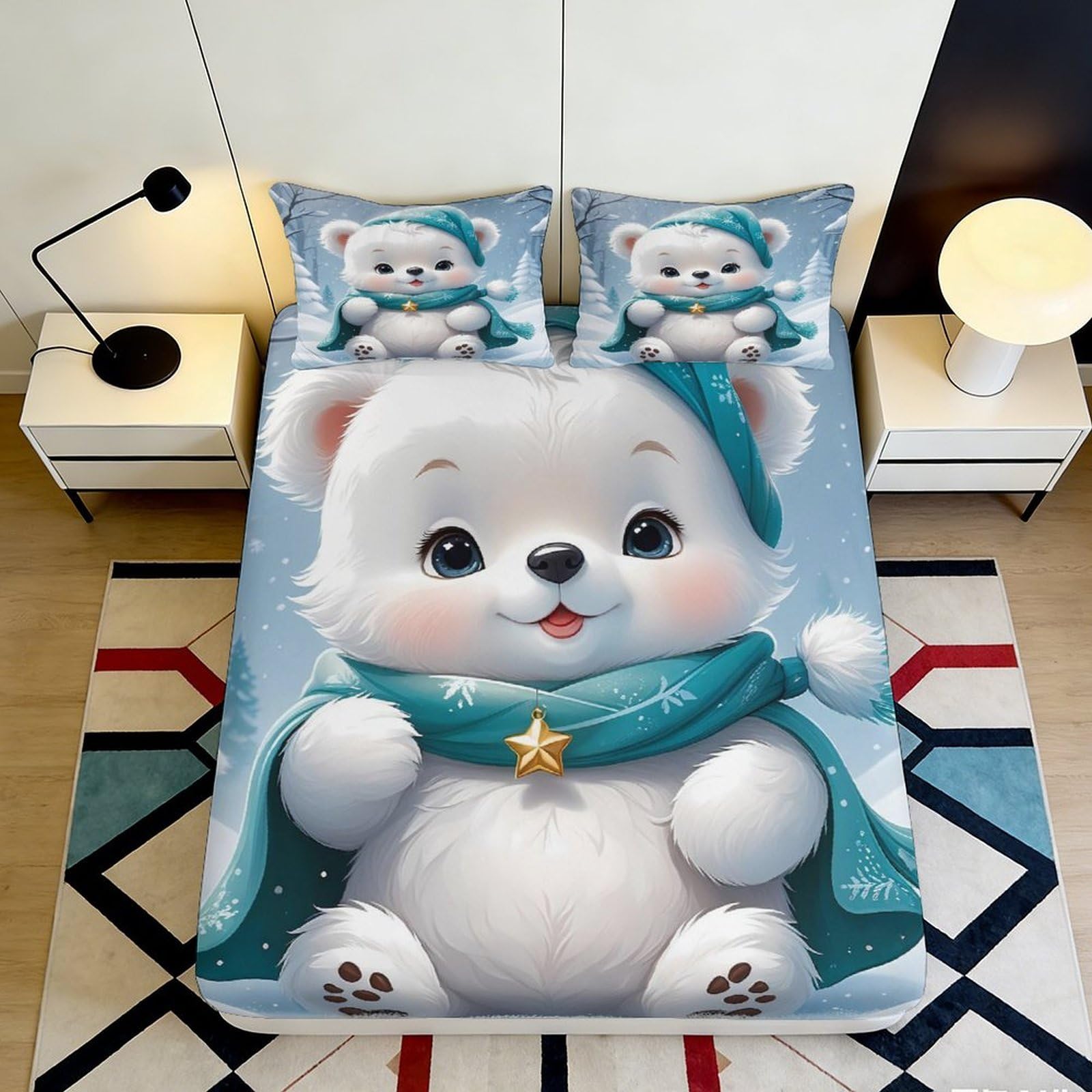 3D Printed Cute Polar Bear Fitted Sheet Microfiber Soft Blue Cartoon Bed Cover for Bedroom Dorm Mattress Protection Decor 90x200x25cm