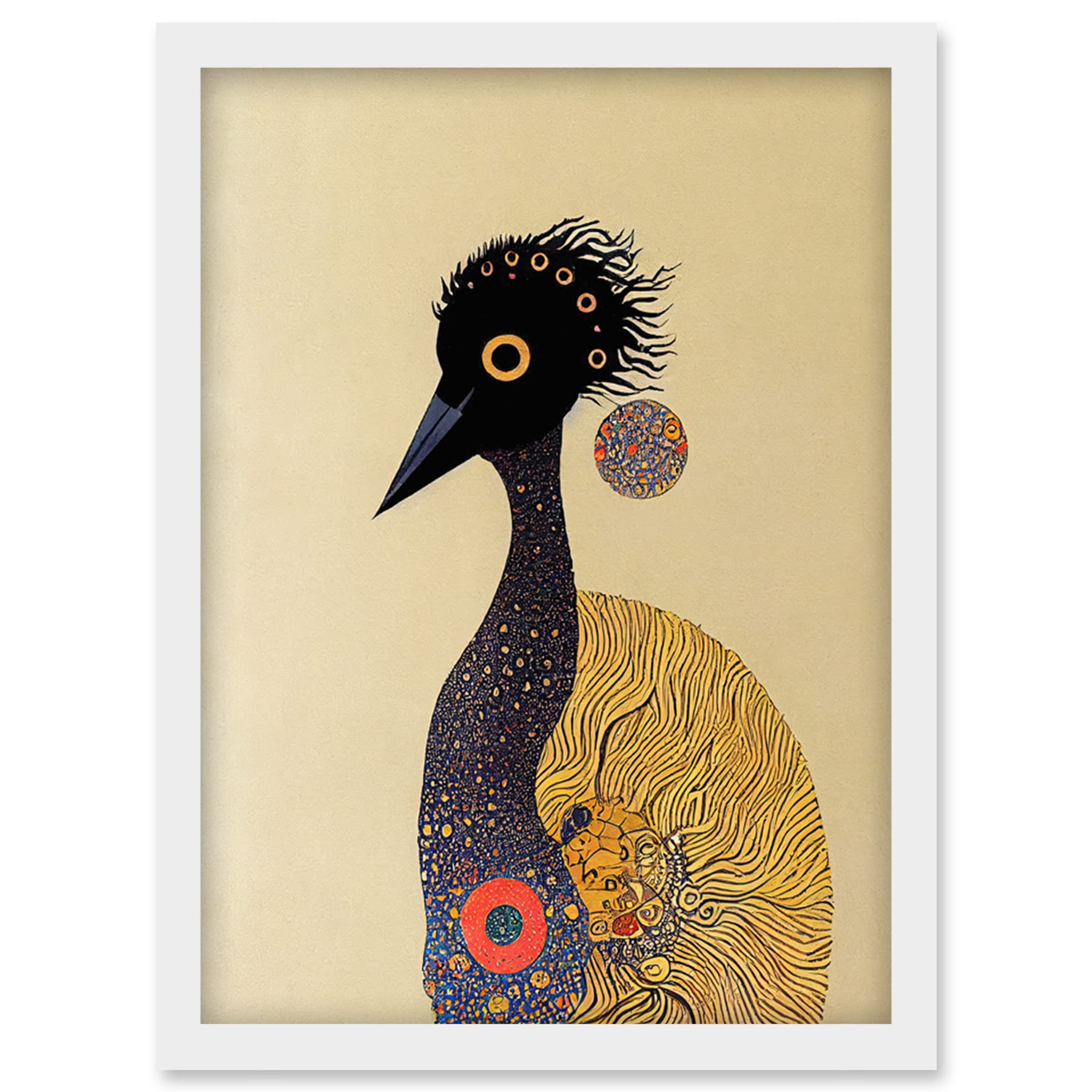 Wee Blue Coo Surreal Abstract Ostrich Emu Klimt Style Painting Artwork Framed Wall Art Print A4
