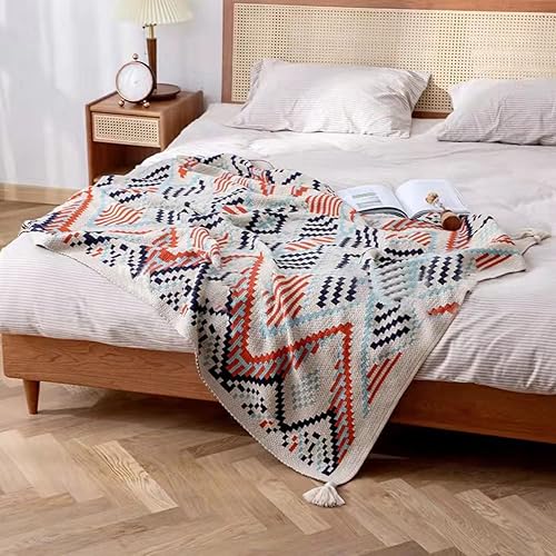 Miniatura 7 de Manta azul, manta tejida bohemia con borlas, manta suave y colorida para sofá, cama y sala de estar, azul y naranja (50 x 60 pulgadas)