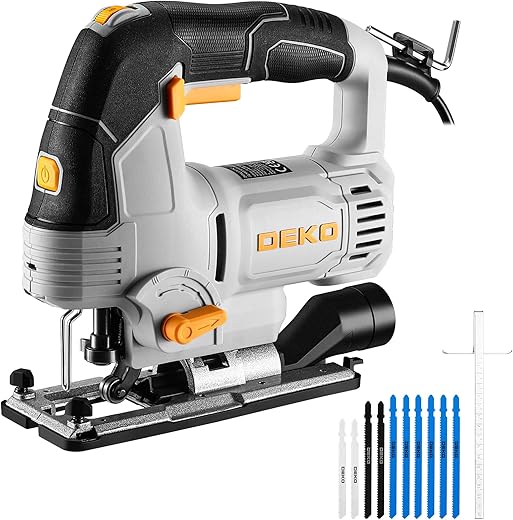 Electric Jigsaw Tool: DEKOPRO 800W Power Jig Saws with LED Light Laser, 4 Orbital Sets, 6 Variable Speed, 800-3000 SPM, ±45°Bevel Cutting Cut Blades, with 10 PCS Sawblades for Wood, Metal, Plastic