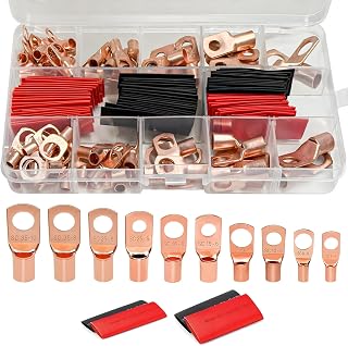 160PCS Copper Wire Lugs, AWG 2 4 6 8 10 12 Gauge Ring Ends Connectors with Heat Shrink Tubes, Battery Cable Wire Lugs Assortment Kit for Vehicle Marine Electrical Supplies