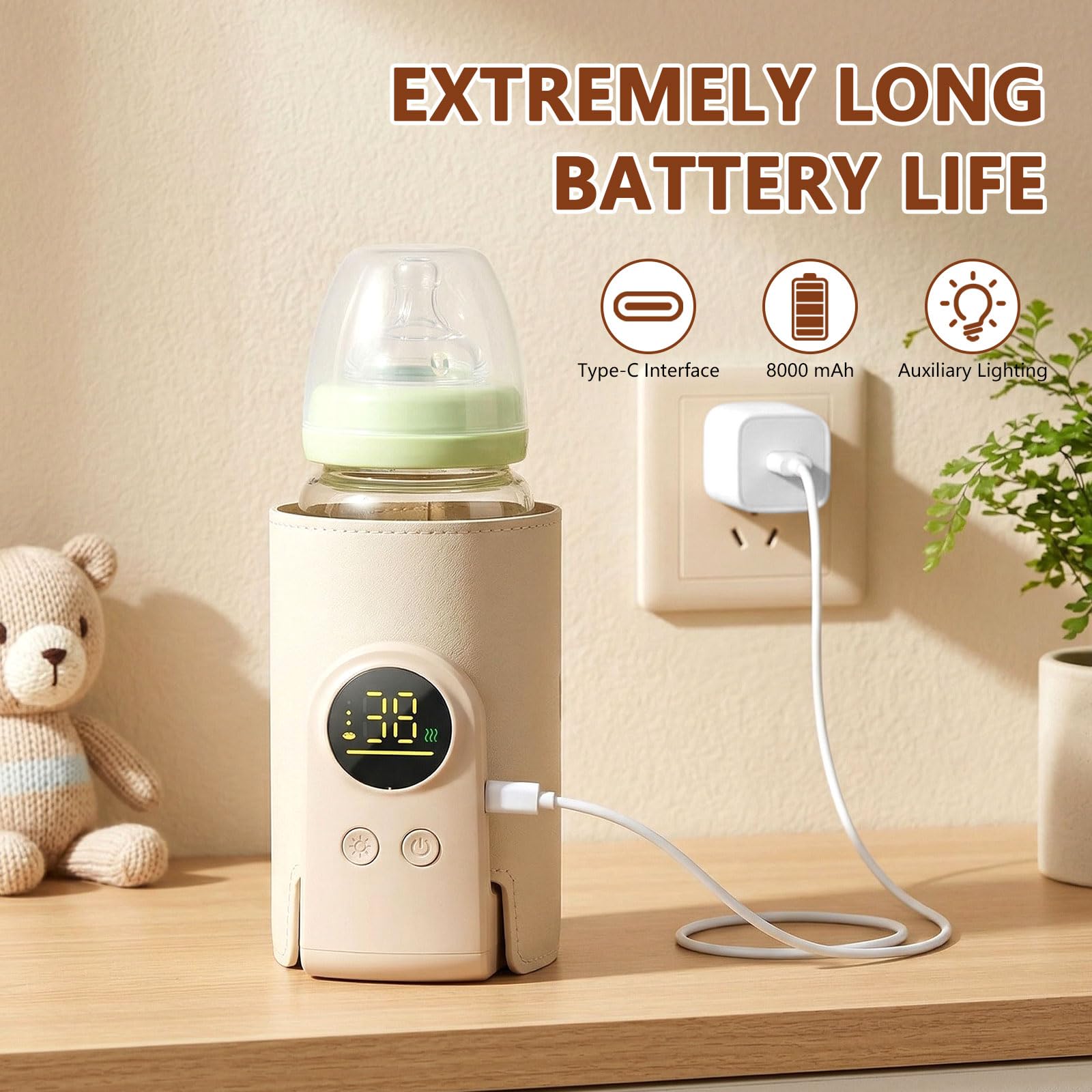 Scaldabiberon Portatile Senza Fili, Scaldabiberon USB con Display LCD Scaldabiberon Regolabile a 6 Velocità, 8000mAh Scalda Biberon Neonato Portatile, Scaldabiberon Baby USB per Viaggi, Aereo e Auto