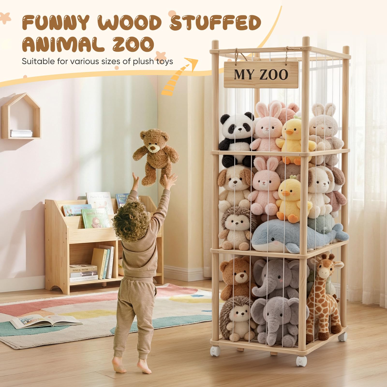 Contenitore per animali di peluche, in legno, con ruote attrezzate a 360° grande capacità per la camera dei giochi, la cameretta dei bambini, la camera da letto (3)