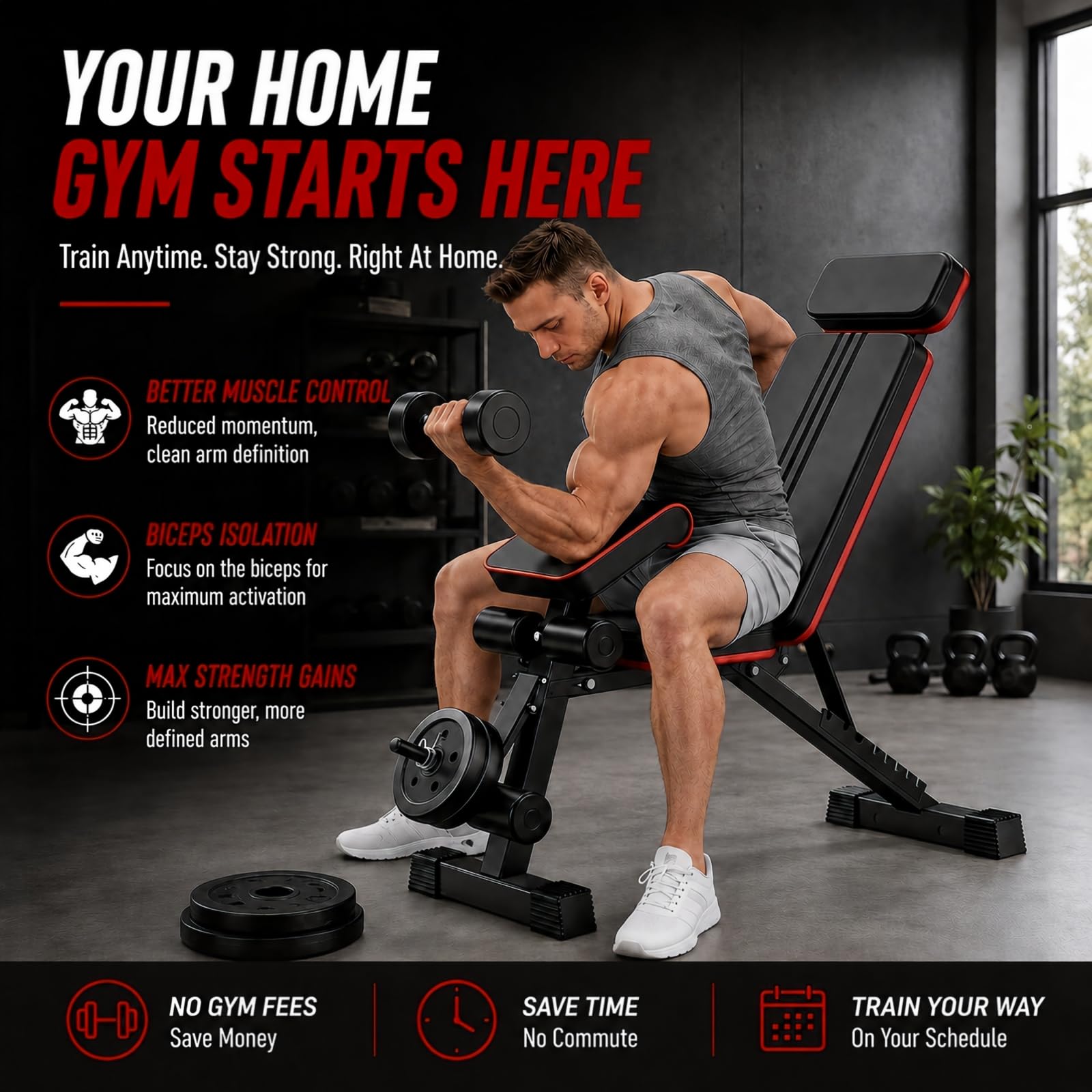 Adjustable Weight Bench, Foldable Workout Bench Press for Home Gym | Heavy duty utility incline decline flat bench with preacher curl, leg extension for full-body strength training.