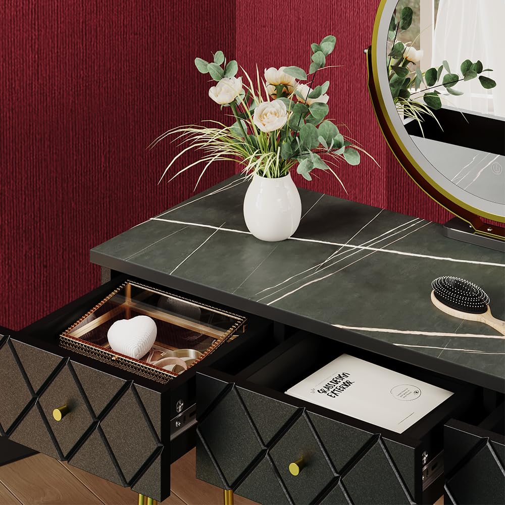 Coiffeuse Table de coiffage Grace noir Miroir LED Tabouret Vicco