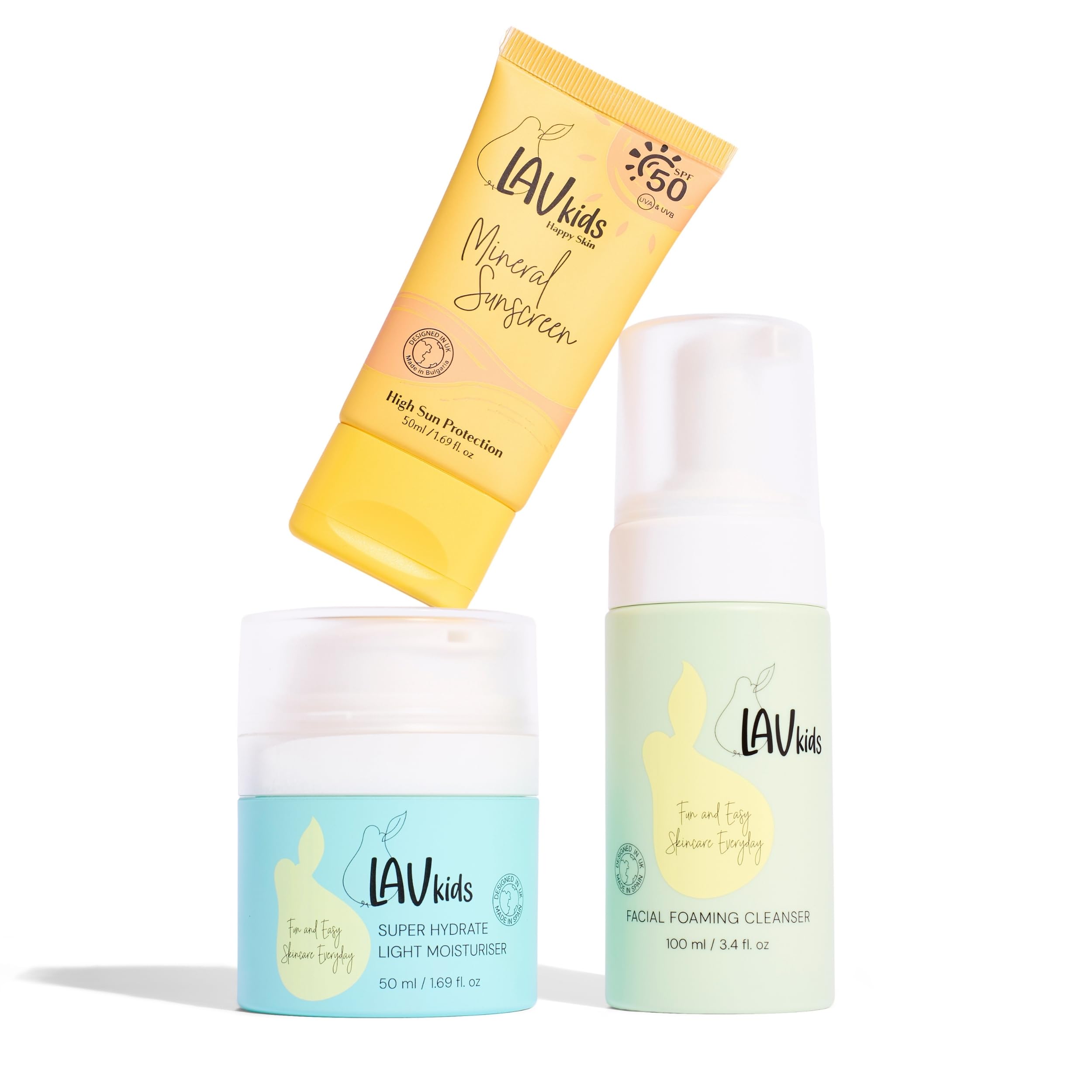 LAV KIDS 3-teiliges Hautpflege-Set für Kinder, Reinigungsschaum 100ml, Gesichtscreme 50ml, Sonnenschutz LSF 50 50ml, mit Haarband und Netzbeutel (Hydrating)
