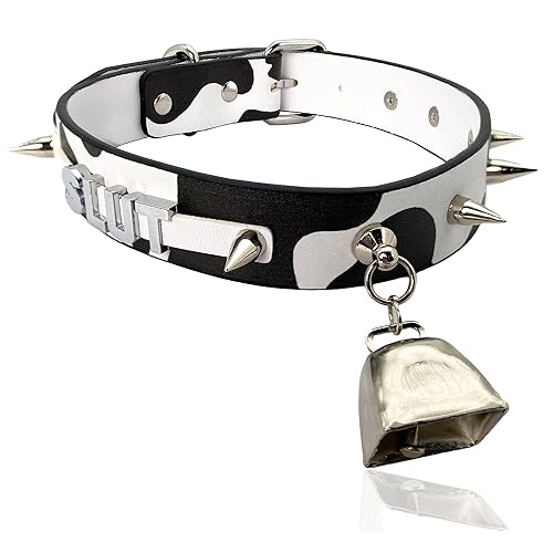 EverGlimp Classic Cow Print Bell Choker Collar Necklace for Women| Punk Gothic Letter Leather Spiked Rock Collar Jewelry Cow Cosplay Choker - Black-C-SL