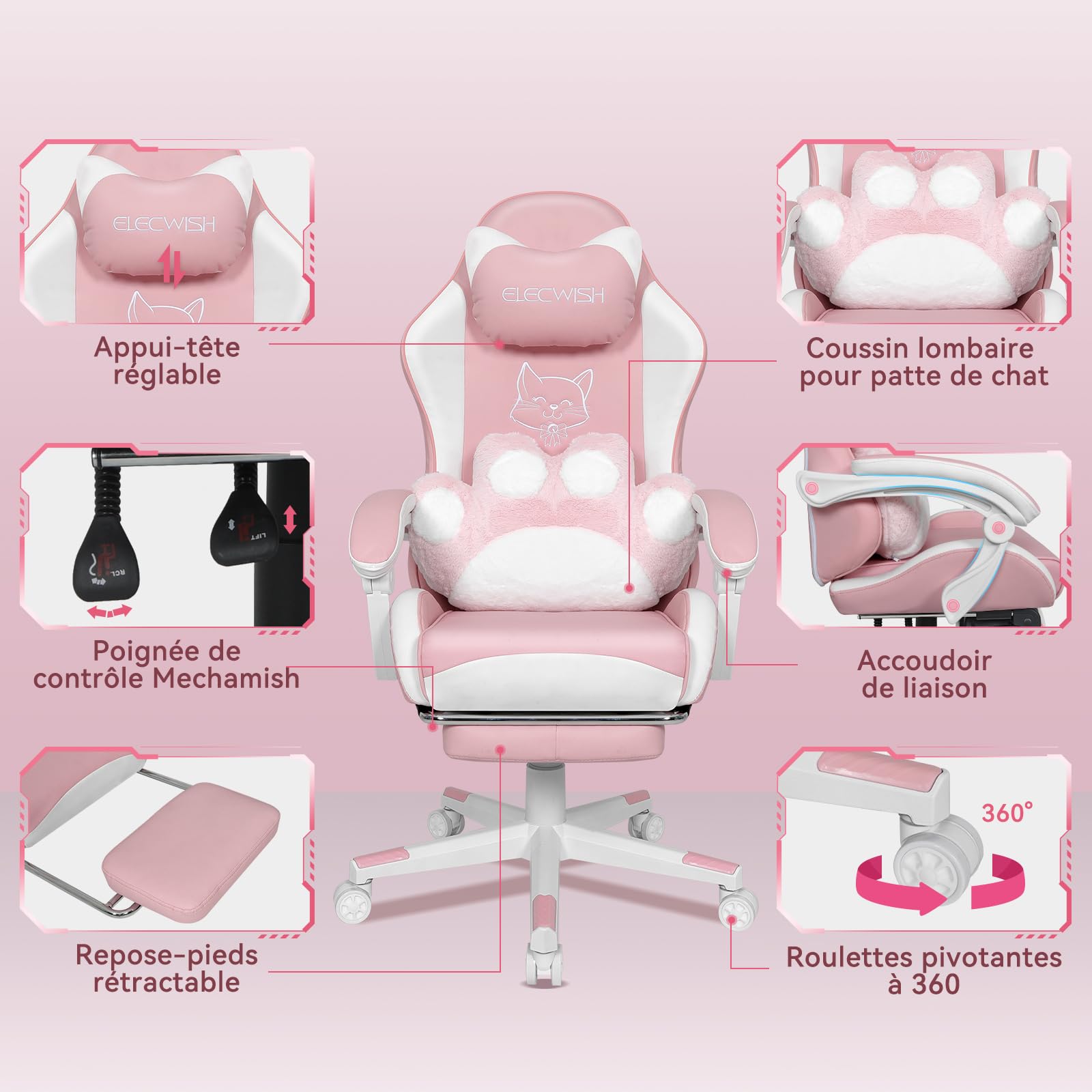 YOURLITE Chaise Gaming Rose Chat,Fauteuil Gamer Ergonomique,Rose et Blanc