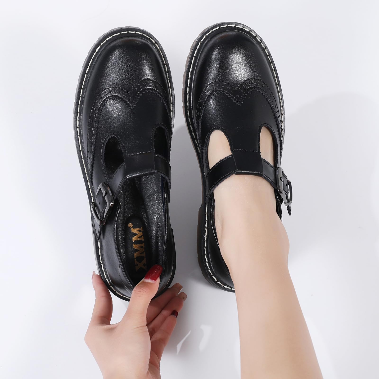 XMM Mary Jane Shoes Women Oxford Shoes Leather Round Toe Flats Non-Slip Ankle Buckle Strap Comfort Casual Dressy Cosplay Party School Work Shoes: 8.5 257 Black