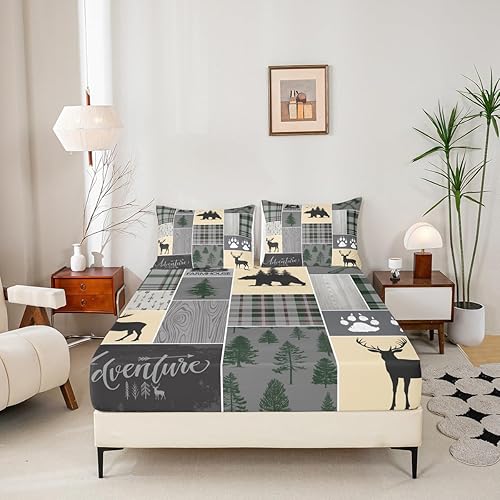 Miniatura 272 de Sábana bajera ajustable de oso de caza, juego de ropa de cama a cuadros de búfalo, sábanas de retazos de cabaña rústica para niños, niños, Multi