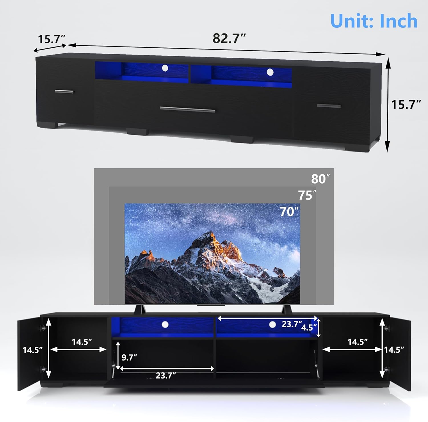 TV Console with Storage Cabinets, APP & Remote Control LED TV Stand, 82.7" Modern Entertainment Center for 80 Inch TV, RGB Lights with 31 Modes, Power Cord Included