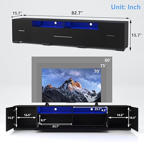 Miniatura 9 de YOUGUO Moderno soporte de TV LED para TV de 50, 55, 65, 70, 75, 80, 85 pulgadas, centro de entretenimiento con almacenamiento abierto y 2 gabinetes