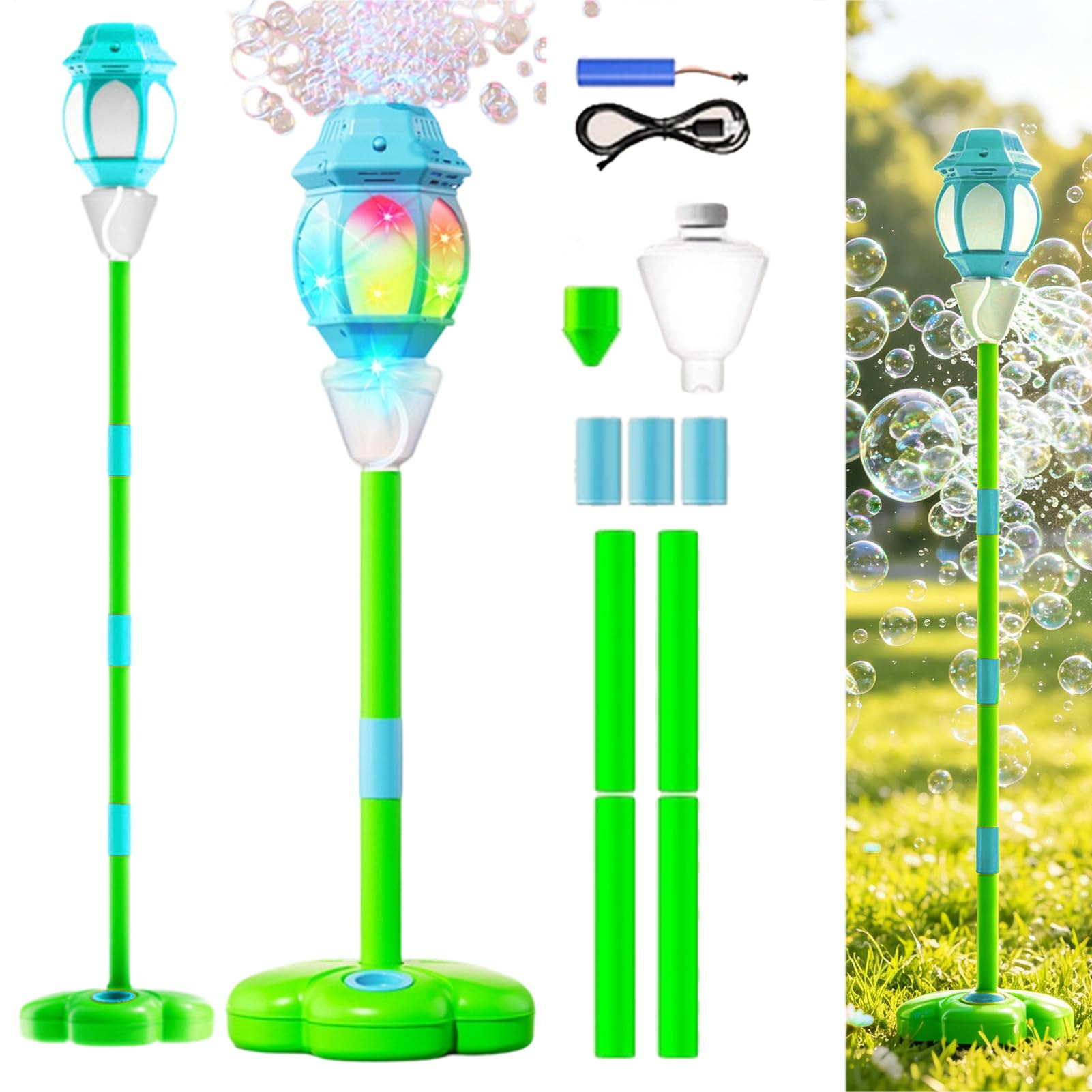 Bubble Stand Machine Automatic, Remote Street Lamp Bubble Tower with Lights and Music, Rechargeable Stand Up Bubbles Machine for Kids, Adjustable Height Street Light, for Party Backyard Summer Beach