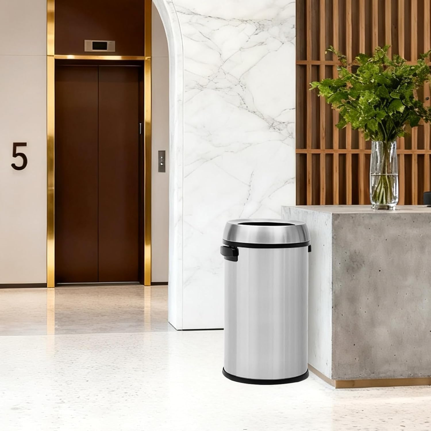 TROPOW 65L/17 Gal Round Open Top Trash Can, Heavy Duty Tall Garbage Can, Commercial Large Brushed Stainless Steel Waste Bin for Outdoor | Home House Family Office Kitchen Apartment Restaurant Silver
