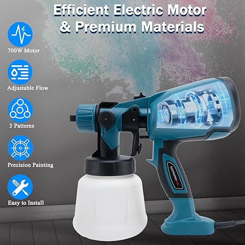 Miniatura 5 de Pistola pulverizadora de pintura, pistola eléctrica de pintura, pintura HVLP de 700 W, pulverizador de manchas con 3 boquillas y 3 patrones,