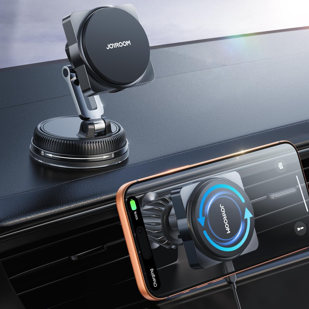 JOYROOM for MagSafe Car Mount Charger, [Smart Fingerprint-Touch Rotation] 15W MagSafe Wireless Car Charger[Vacuum & Gel 360° Base] Air Vent Dashboard Set for iPhone 17 16 15 14 13 12 Series, Black