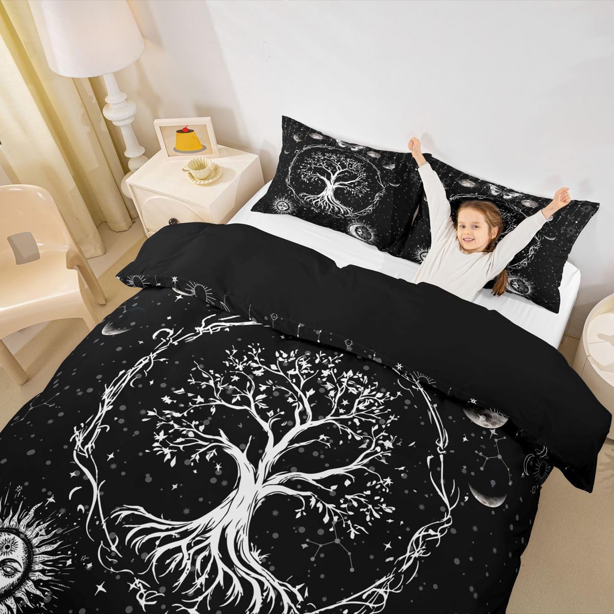Sun and Moon Duvet Cover Bohemian Tree Butterfly Bedding Set Psychedelic Hippie Comforter Cover for Boys Girls Children Teens Bedroom Decor Galaxy Astrology Bedspread Cover Twin With 1 Pillow Case
