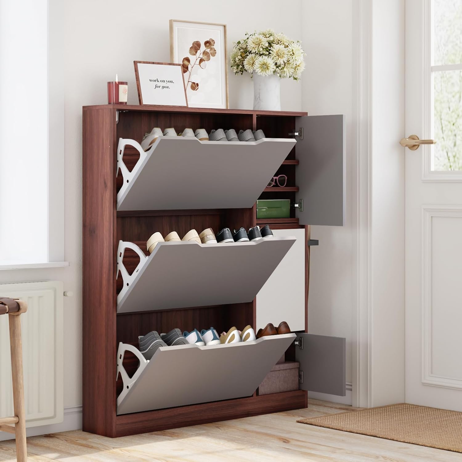 JOMEED Shoe Cabinet with 3 Flip Drawers, Narrow Shoe Cabinet with Doors and Bench, Shoe Storage Cabinet for entryway, Shoe Organizer Cabinet with Mirror, Walnut